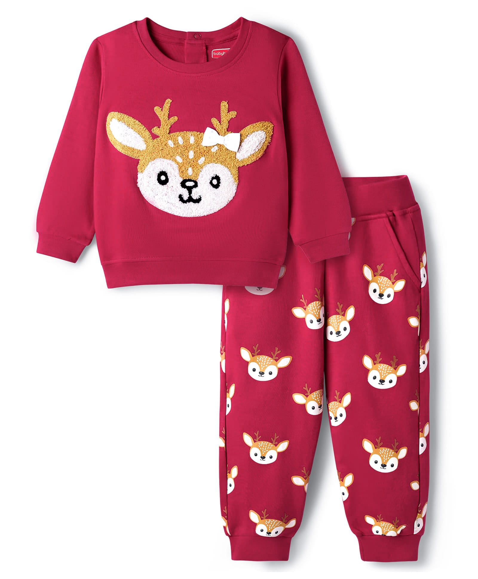 Babyhug Interlock Knit Full Sleeves Top & Lounge Pant Set with Deer Print & Bow Applique - Maroon-picture-36
