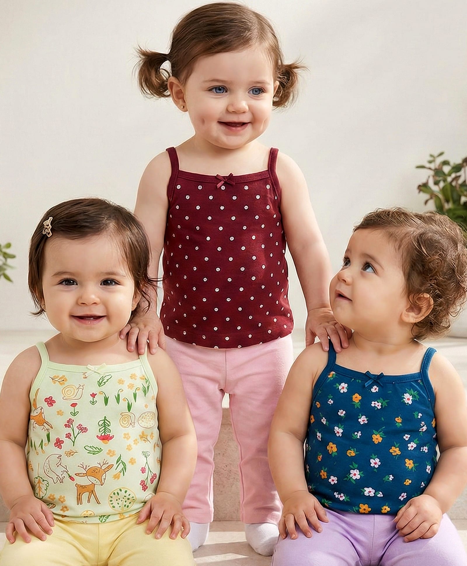 Babyoye Cotton Elastane Knit Singlet Sleeves Slips with Floral & Polka Dot Print Pack of 3 - Maroon Navy Blue & Cream-image-38
