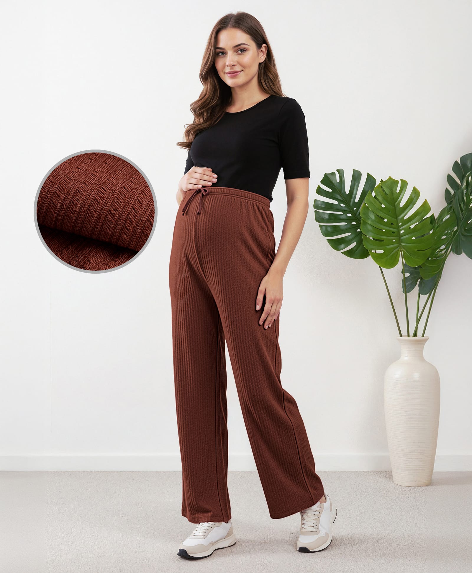 Bella Mama Full Length High Coverage Maternity Rib Knit Solid Coloured Pant - Dark Brown
