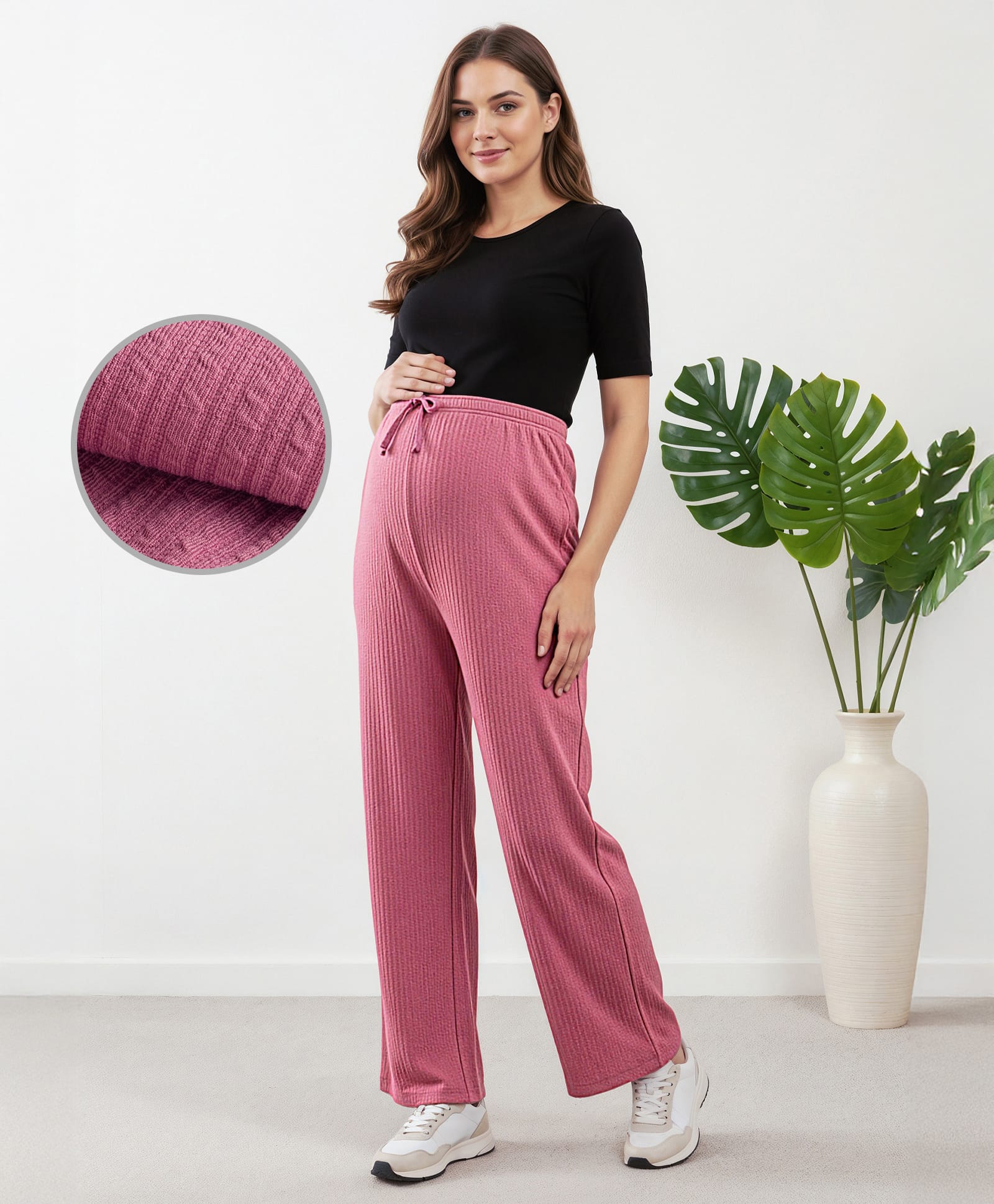 Bella Mama Full Length High Coverage Maternity Rib Knit Solid Coloured Pant - Mauve