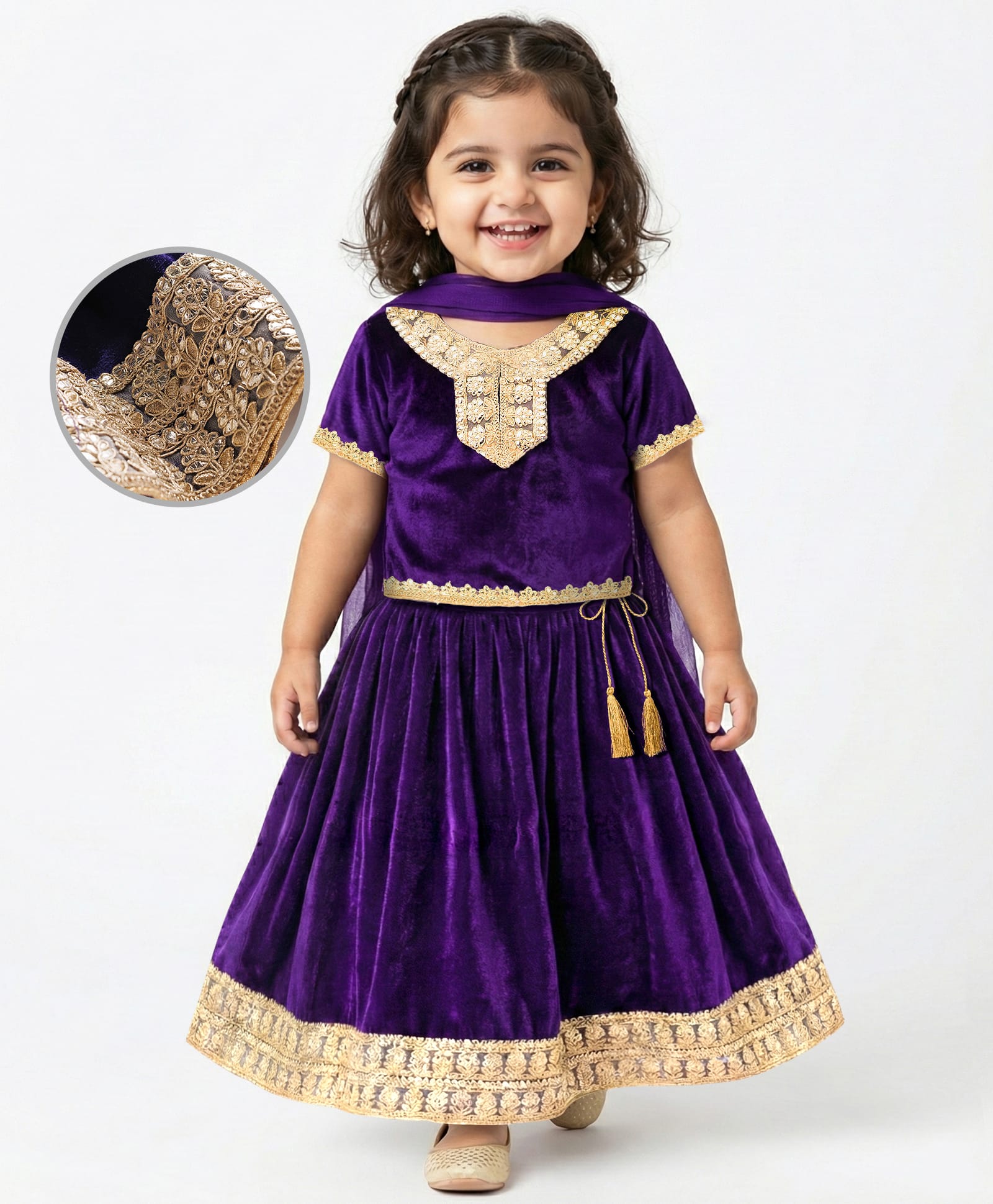 EARTHY TOUCH Velvet Woven Half Sleeves Lehenga Choli Set With Floral Embroidery & Dupatta - Purple-image-7