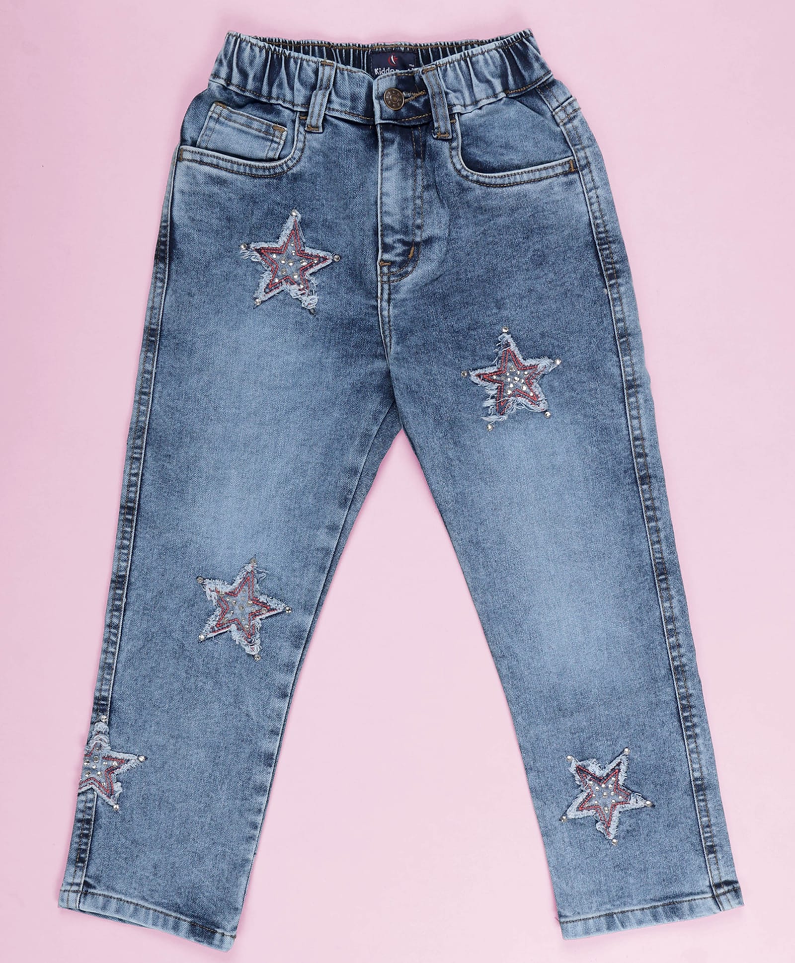 Kiddopanti Denim Frayed Stars Embroidered & Stones Embellished Jeans - Blue-picture-10
