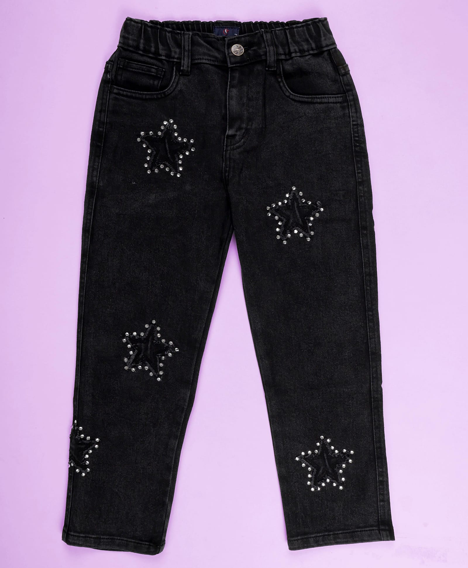 Kiddopanti Denim Frayed Star Stones Embellished Jeans - Black-picture-25
