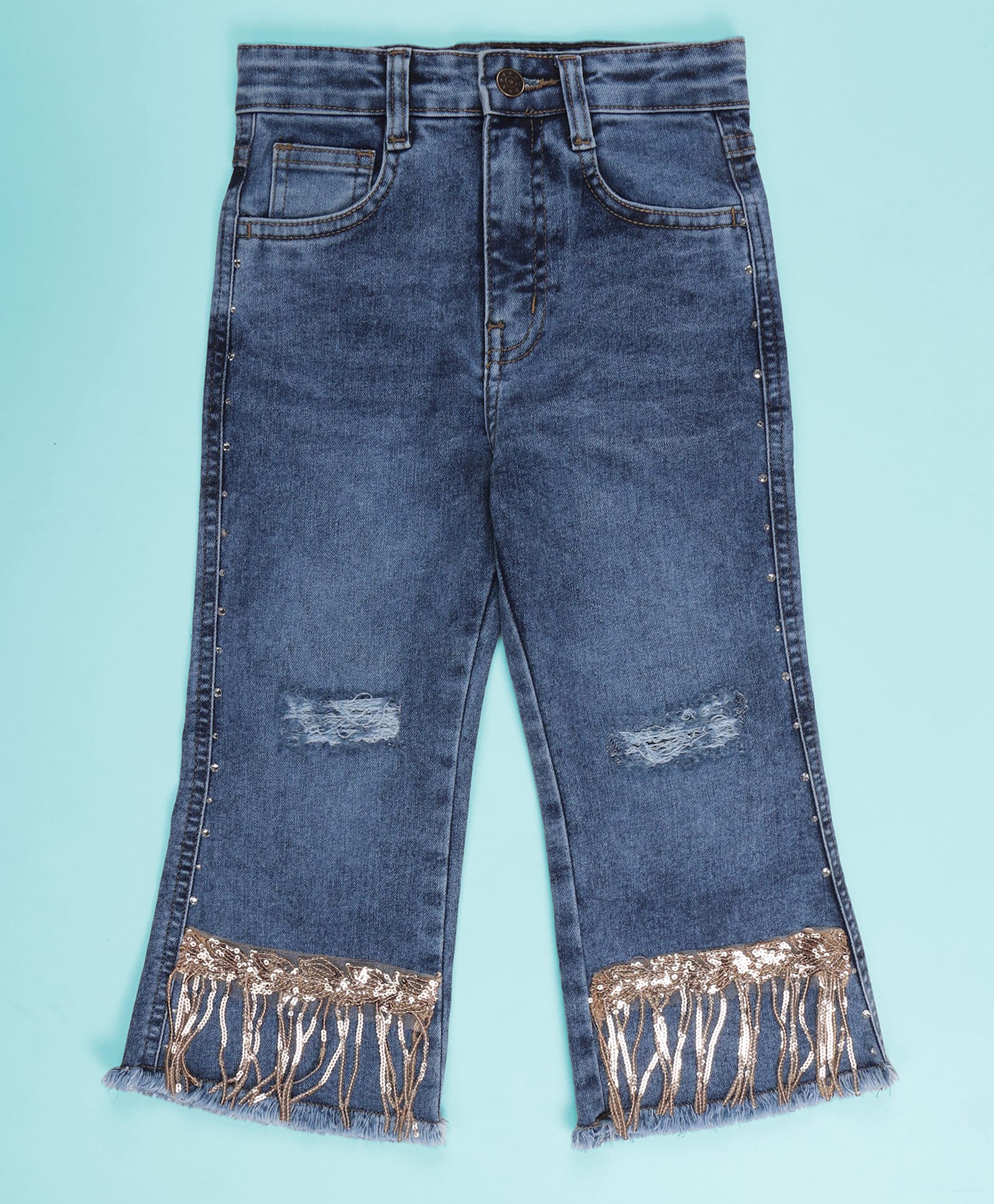 Kiddopanti Denim Leaves Designed Sequins Embellished Distress Jeans - Blue-picture-20