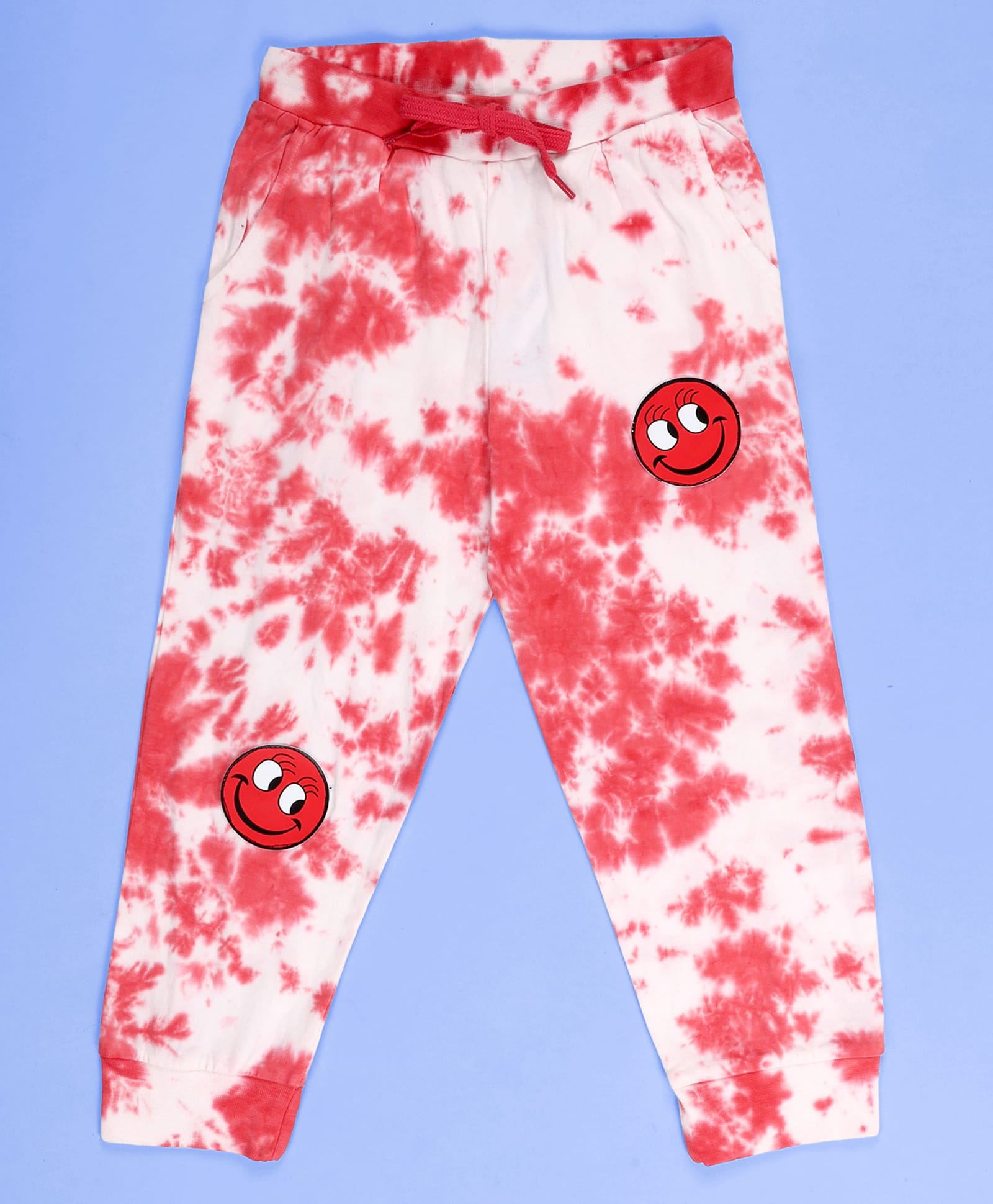Kiddopanti Cotton Knit Tie & Dye Smileys Patch Detailed Track Pant - Red-picture-19