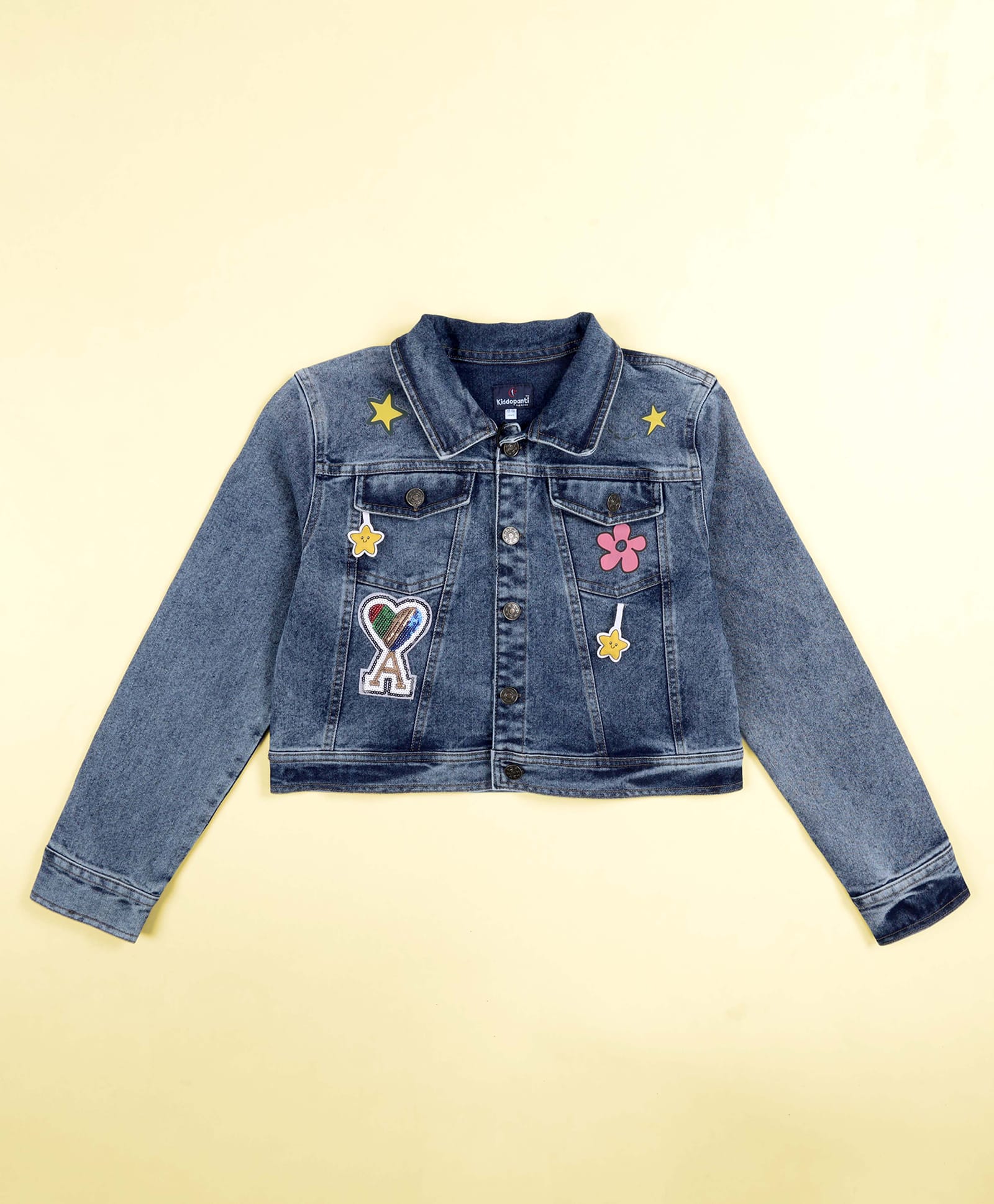 Kiddopanti Denim Woven Full Sleeves Stars Printed Crop Jacket - Blue-picture-18