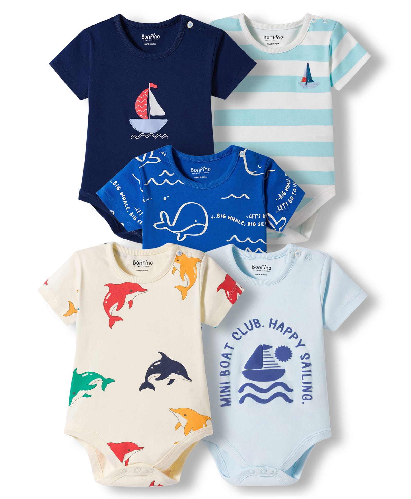 Bonfino 100% Cotton Knit Half Sleeves Onesies with Sea Life Print Pack Of 5 - Multicolor-picture-13