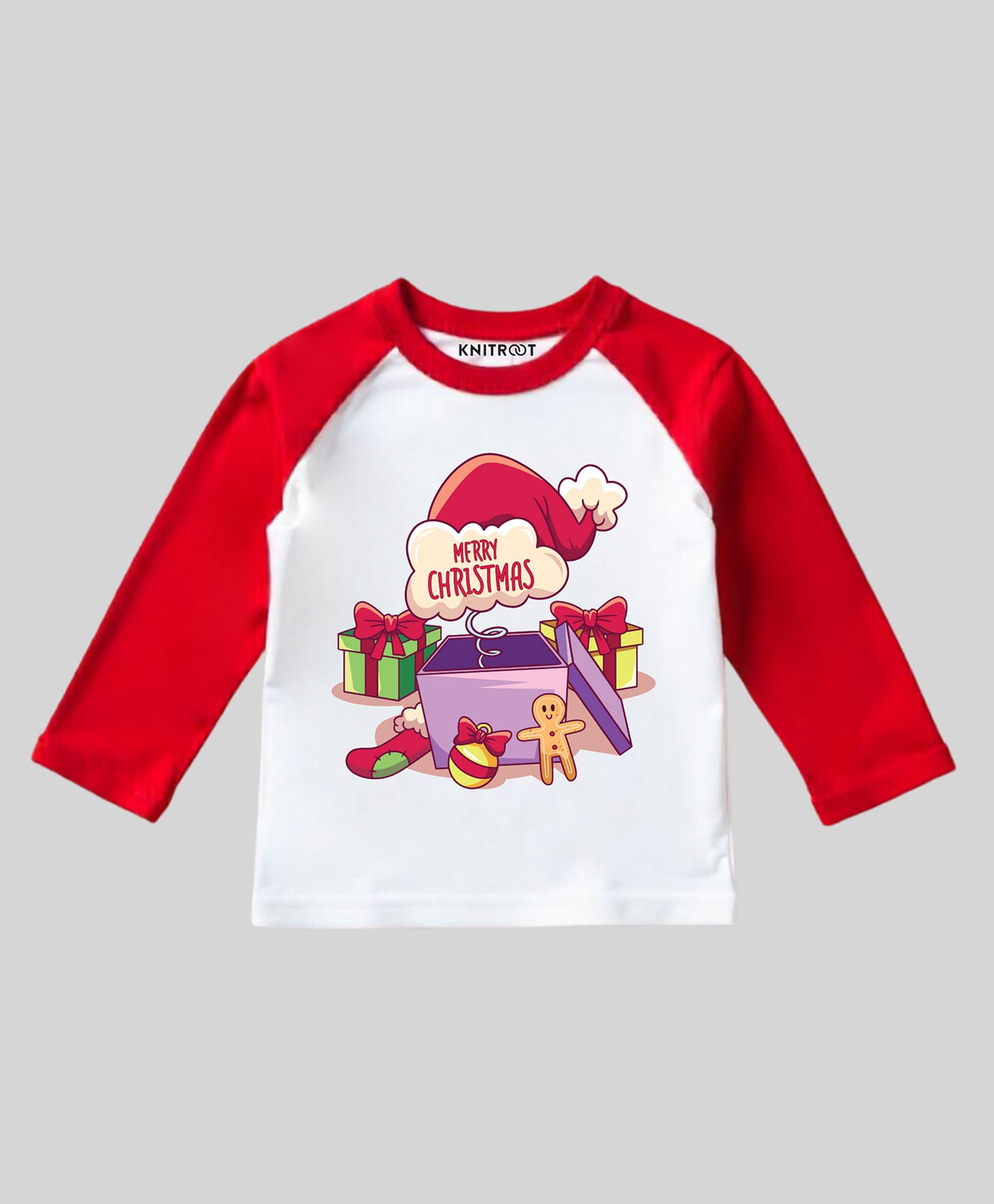 KNITROOT Cotton Knit Christmas Theme Full Raglan Sleeves Merry Christmas Text Printed Tee - Red & White-picture-18