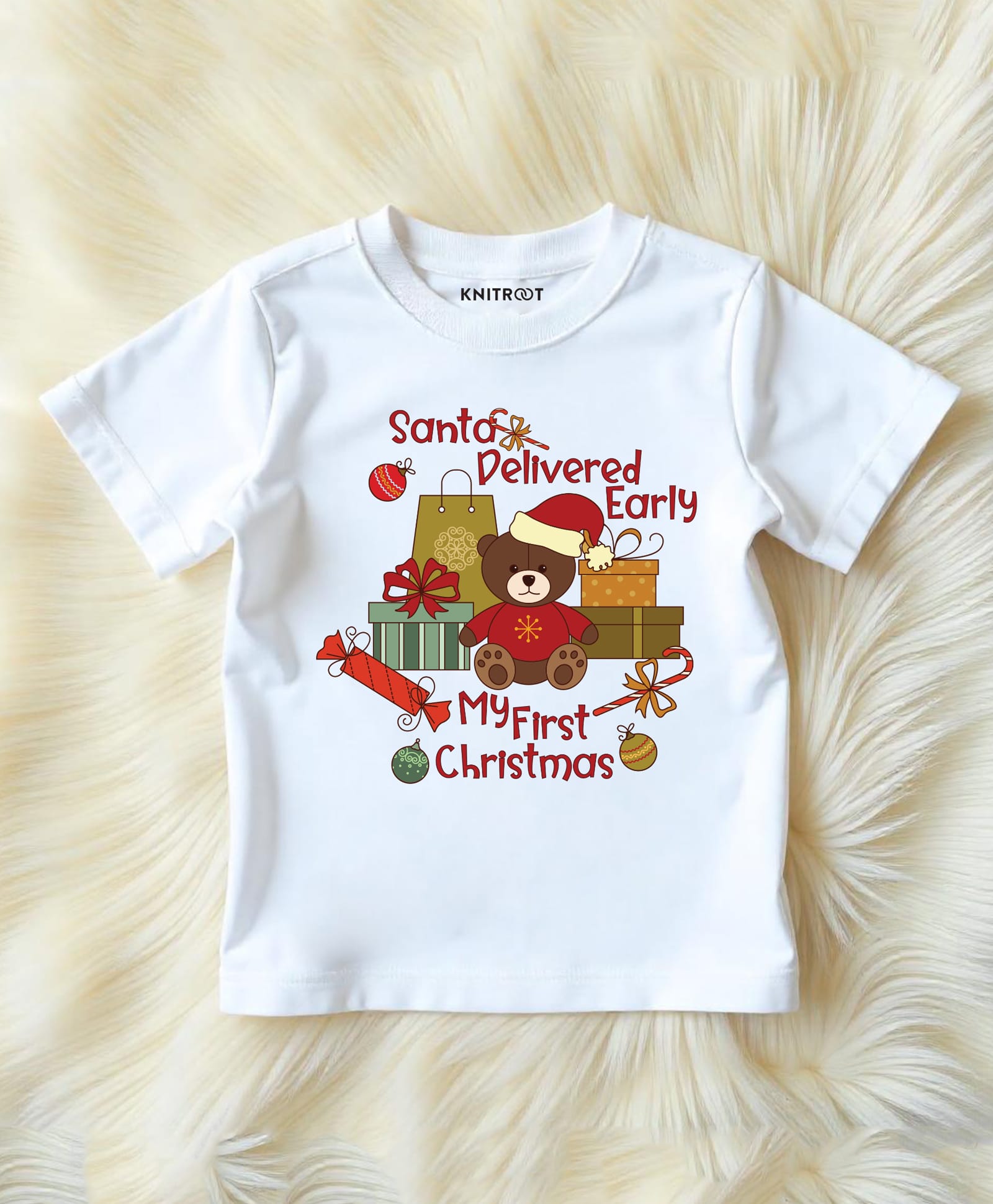 KNITROOT Cotton Lycra Knit Christmas Theme Half Sleeves Santa Delivered Early Text Printed Tee - White-image-18