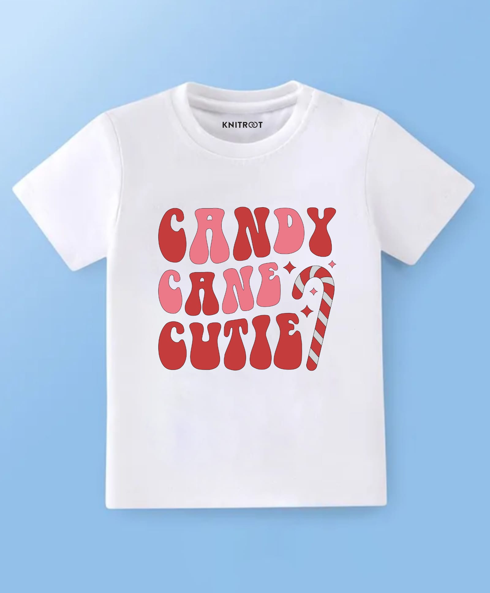 KNITROOT Christmas Theme Cotton Lycra Knit Christmas Theme Half Sleeves Candy Cane Cutie Text Printed Tee - White-image-34