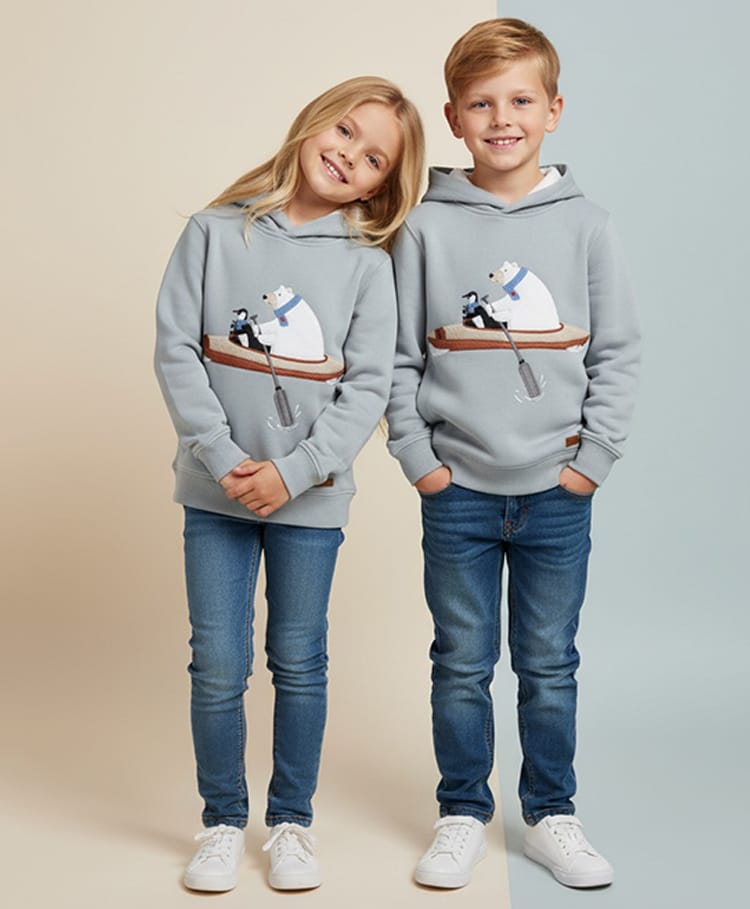 Cherry Crumble By Nitt Hyman Woven Full Sleeves Polar Bear & Penguin Embroidered Light Winter Hooded Sweatshirt - Grey-image-40