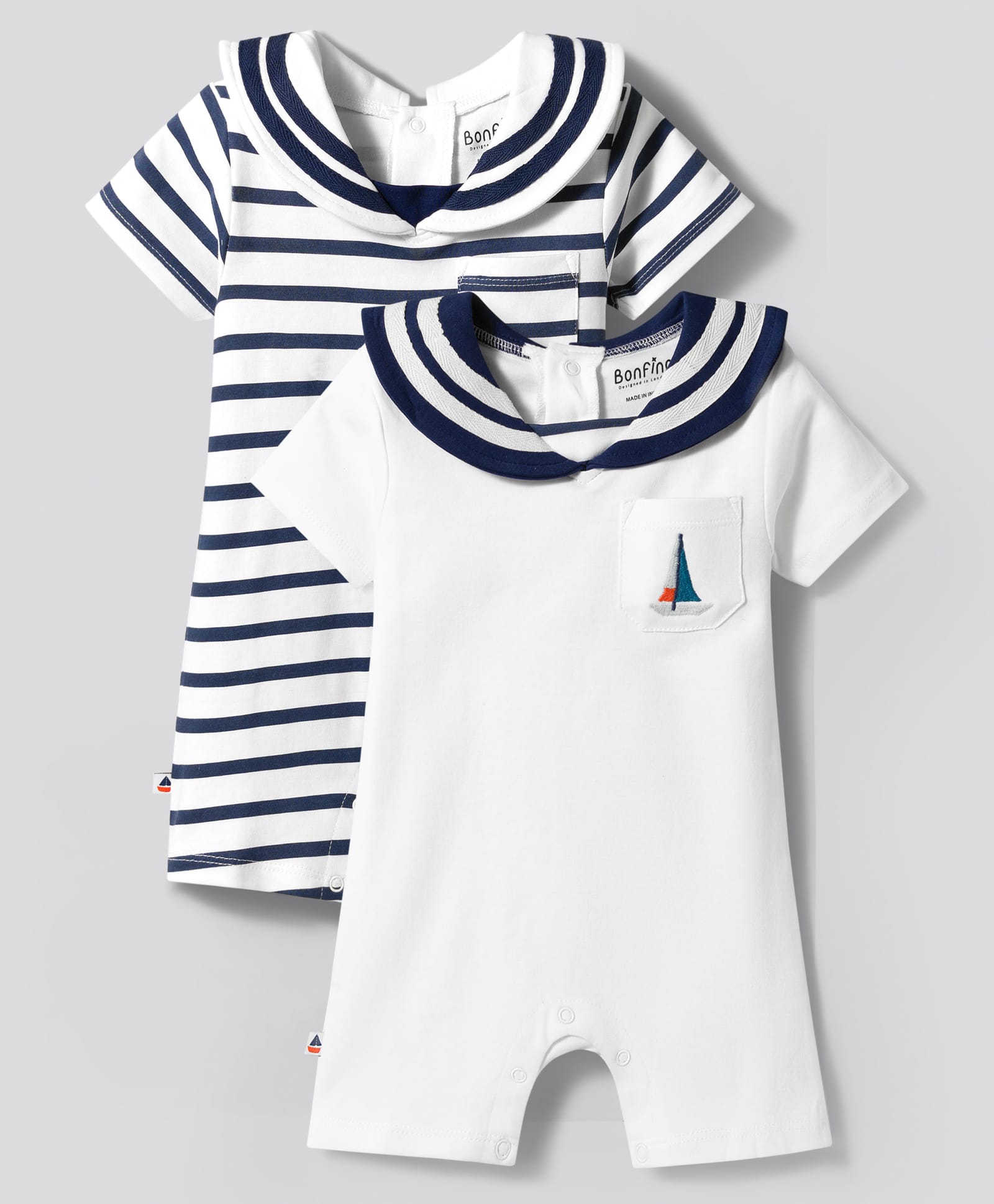 Bonfino 100% Cotton Knit Half Sleeve Striped & Tree Embroidered Polo Romper Pack Of 2 - White & Navy Blue