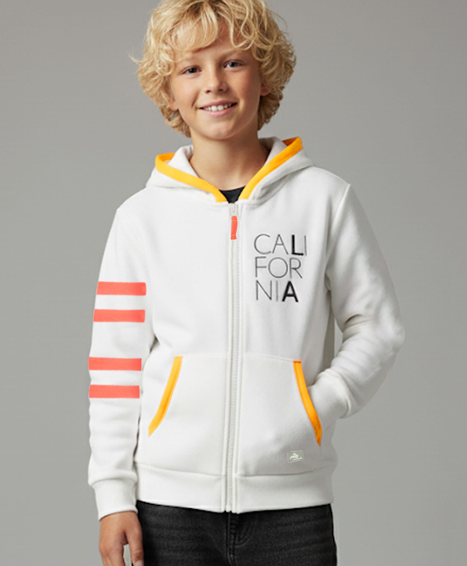 Cherry Crumble By Nitt Hyman Blended Knit Full Sleeves California Text Printed Light Winter Hooded Sweatjacket - White-picture-26