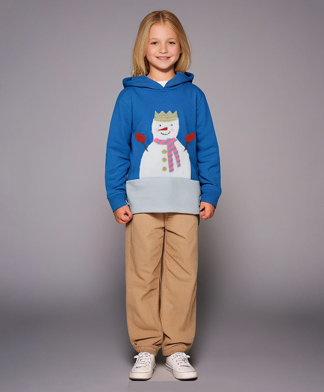Cherry Crumble By Nitt Hyman Blended Knit Full Sleeves Snowman Patch Detailed Light Winter Hooded Sweatshirt - Blue-picture-18