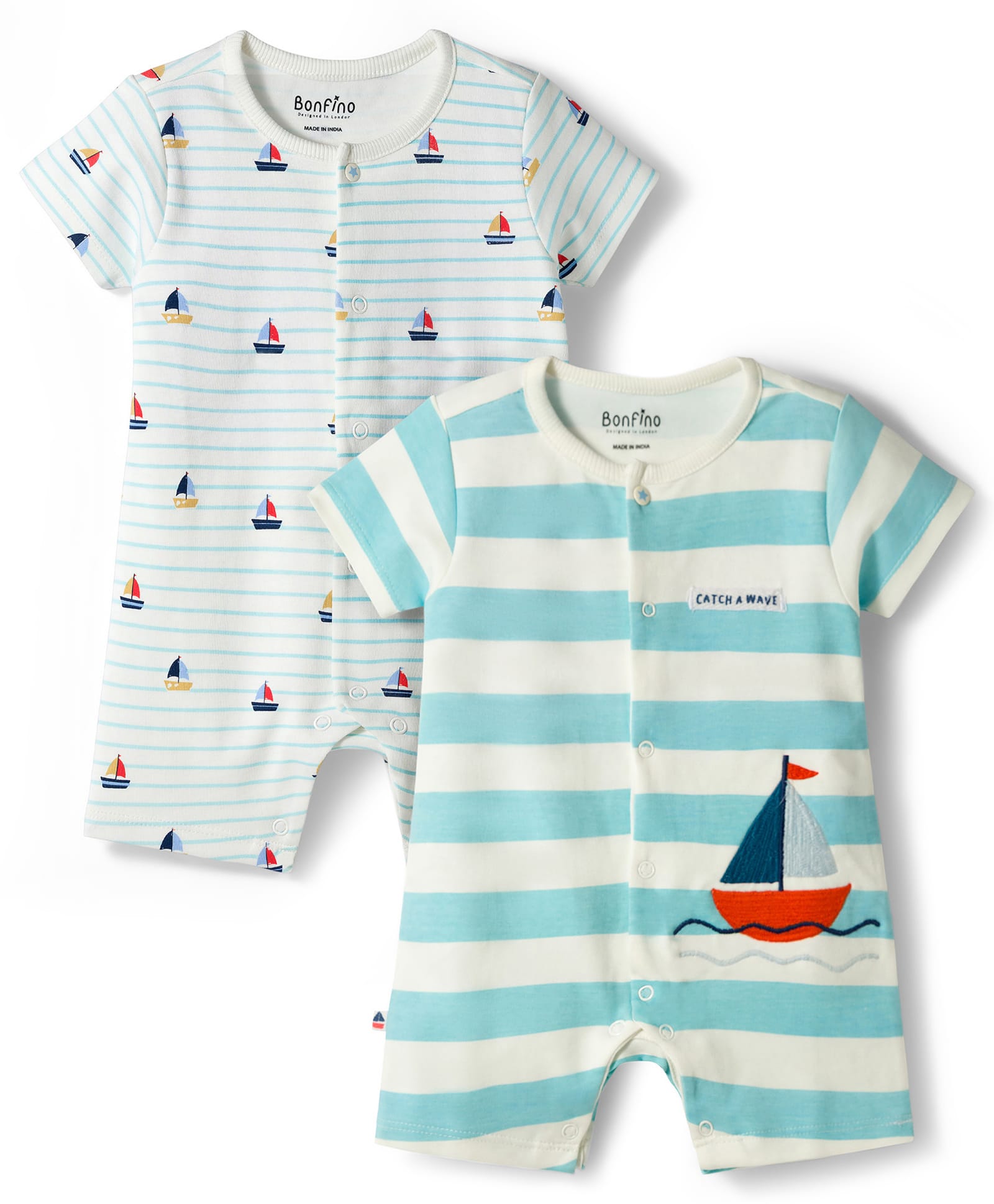 Bonfino 100% Cotton Knit Half Sleeves Boat Printed & Striped Front Open Rompers Pack Of 2 - Multicolor-image-18