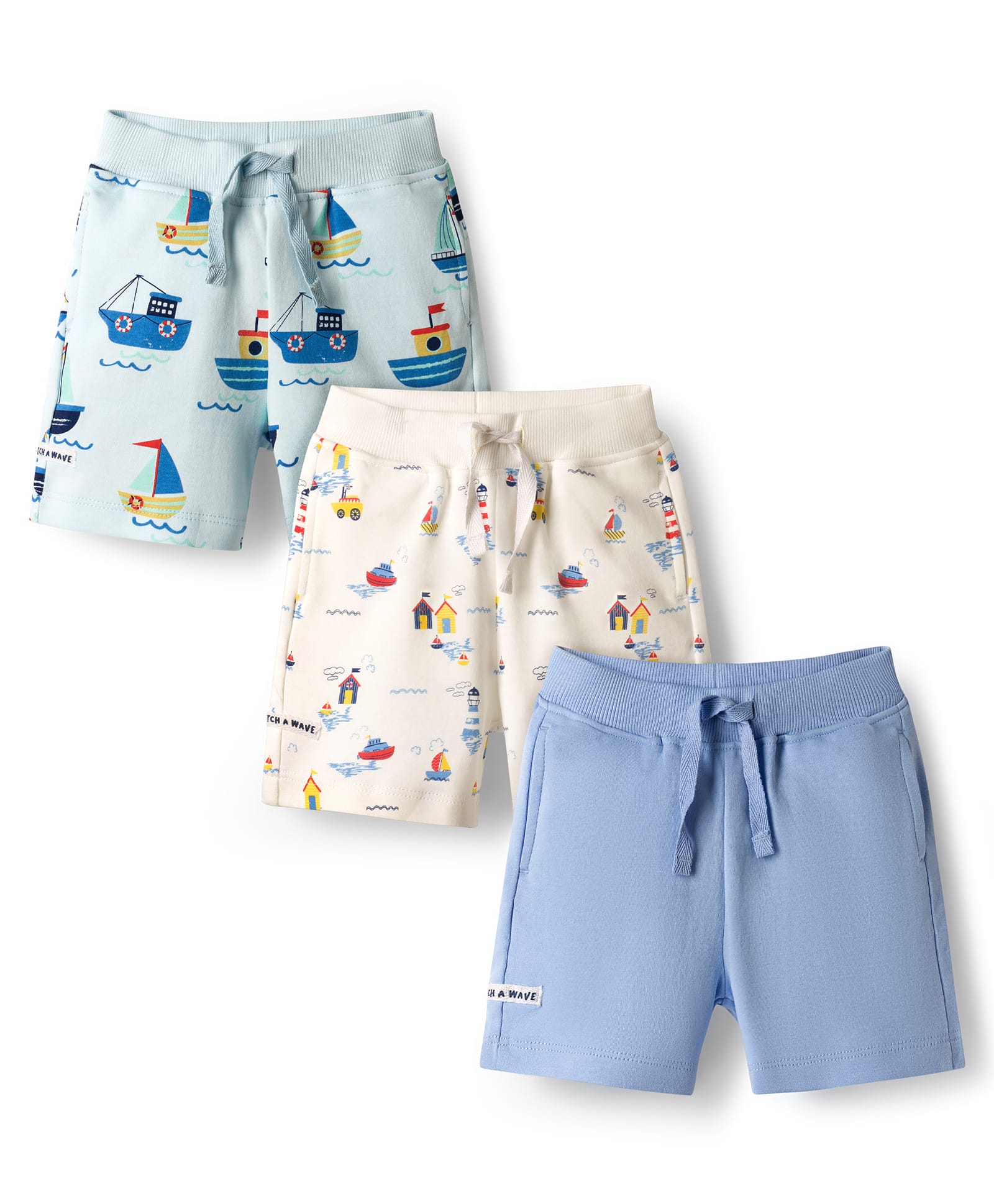 Bonfino 100% Cotton Knit Above Knee Length Shorts With Nautical Theme Print Pack Of 3 - Light Blue Cream & Blue-picture-11