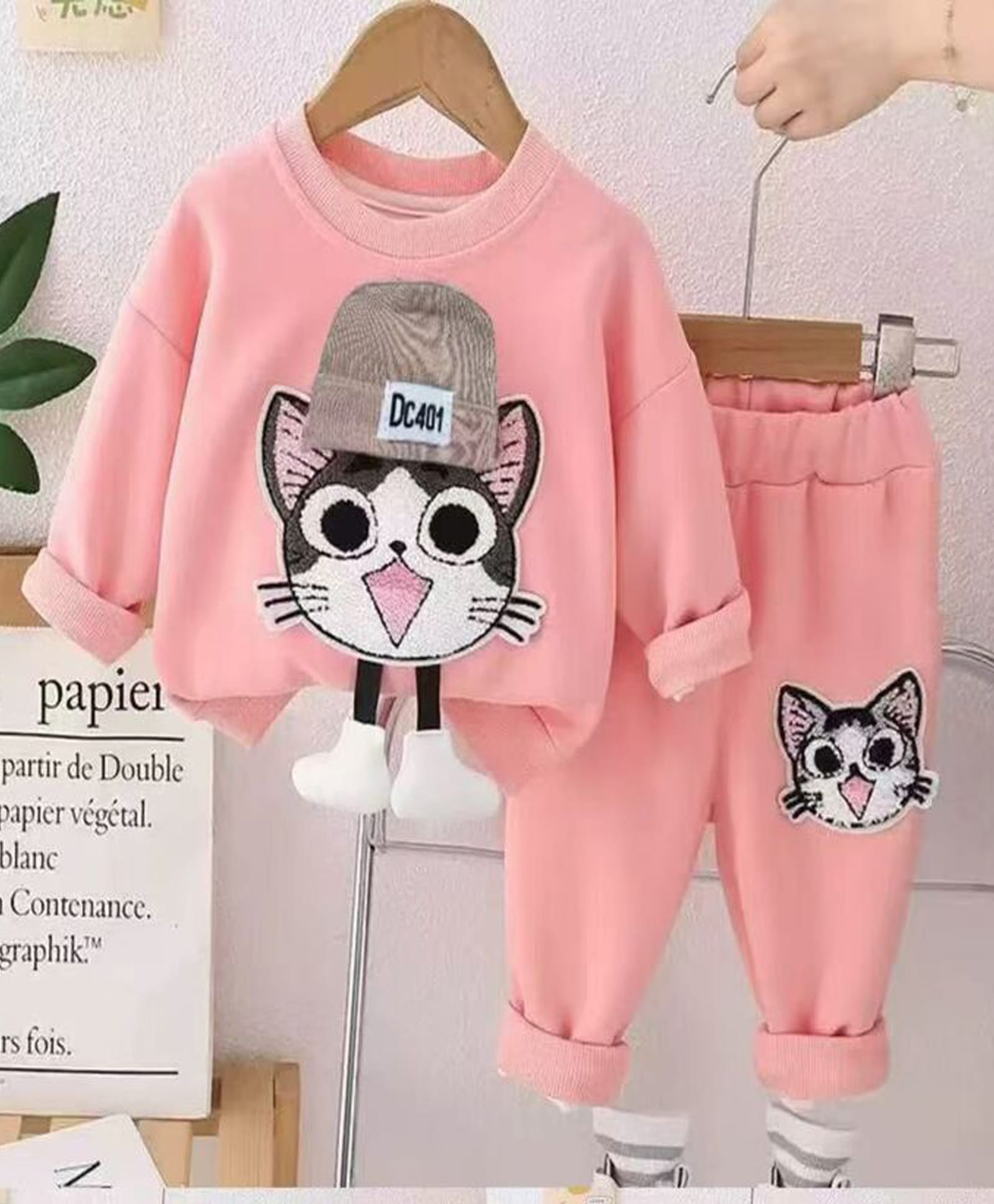 POP STREET KIDS Cotton Knit Full Sleeves Kitten Patch Detailed Sweatshirt & Pants Set - Pink-image-21