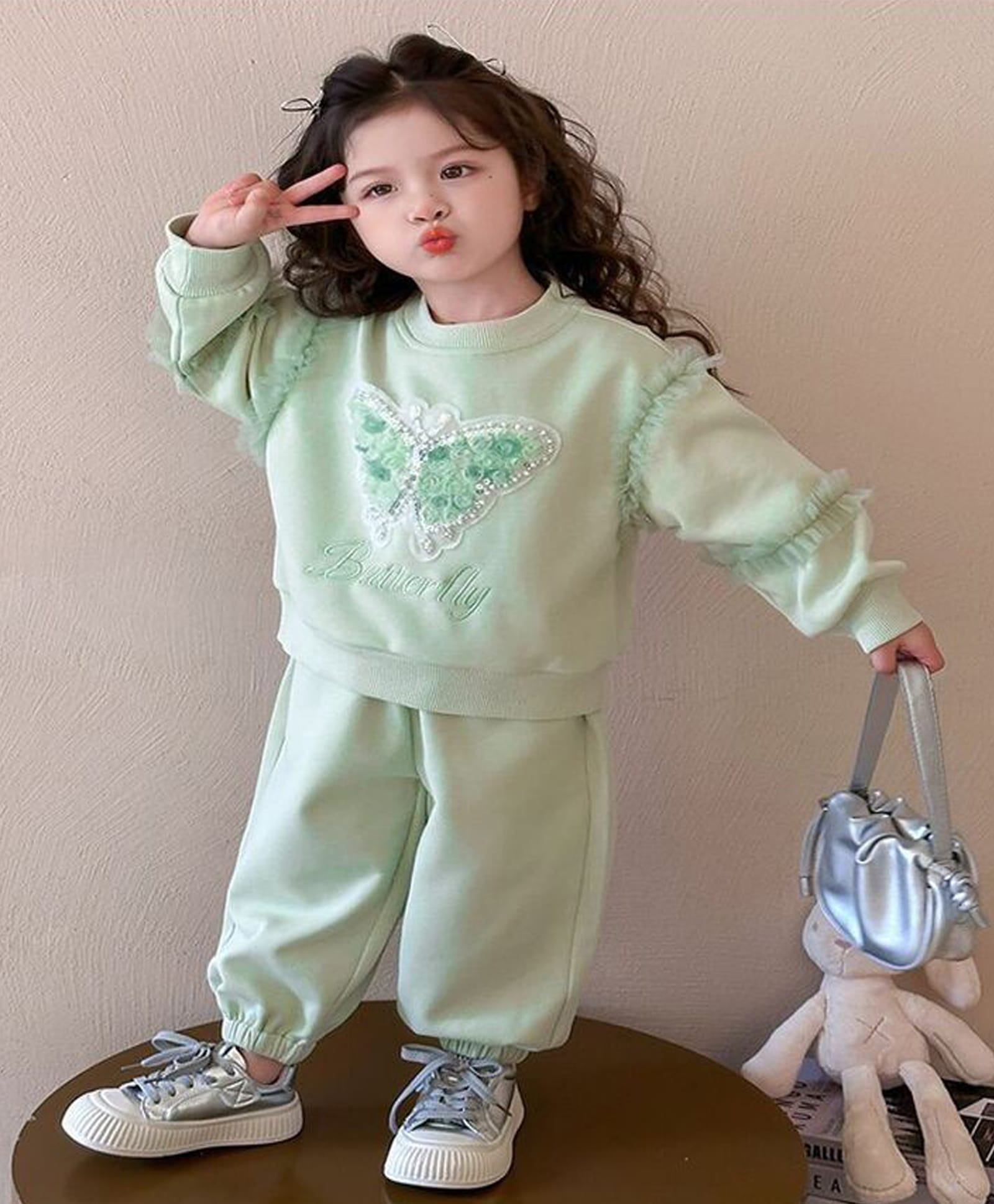 POP STREET KIDS Cotton Knit Full Sleeves Butterfly Patch Detailed Stones Embellished Sweatshirt & Pants Set - Green-image-46