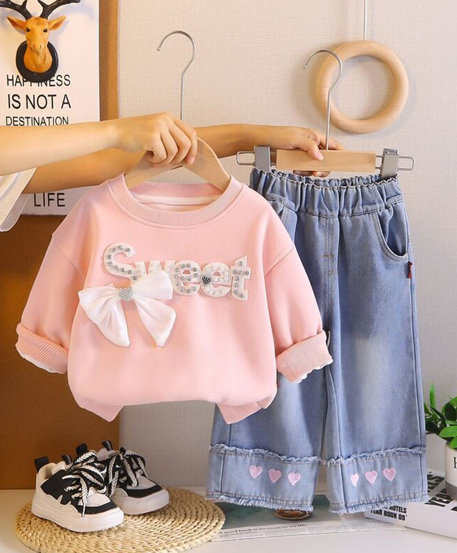 POP STREET KIDS Cotton Knit Full Sleeves Sweet Text & Bow Applique Detailed Sweatshirt & Jeans Set - Pink-image-49