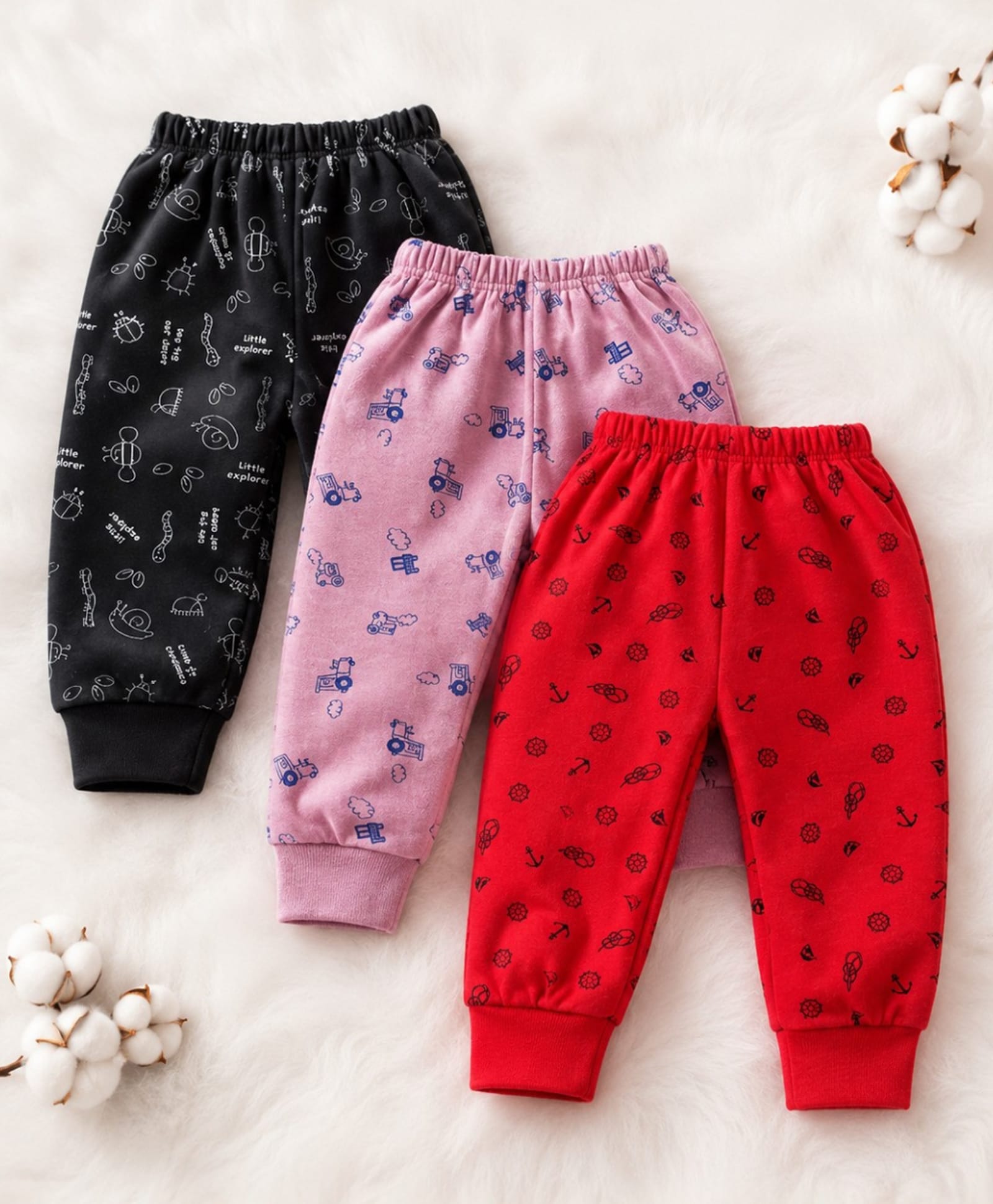 Superminis Cotton Blend Knit Pack Of 3 Nautical Theme & Vehicles Printed Joggers - Red Pink & Black-image-26