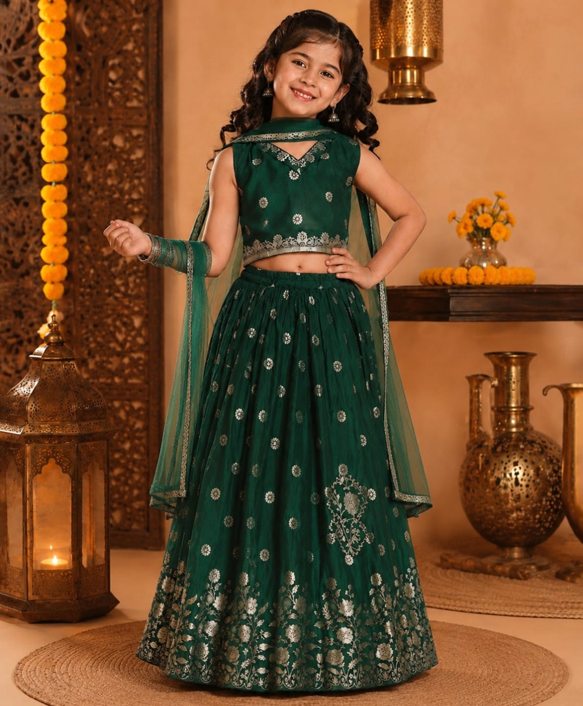 Superminis Silk Woven Sleeveless Floral Printed Coordinating Lehenga Choli With Dupatta Set - Dark Green-picture-0