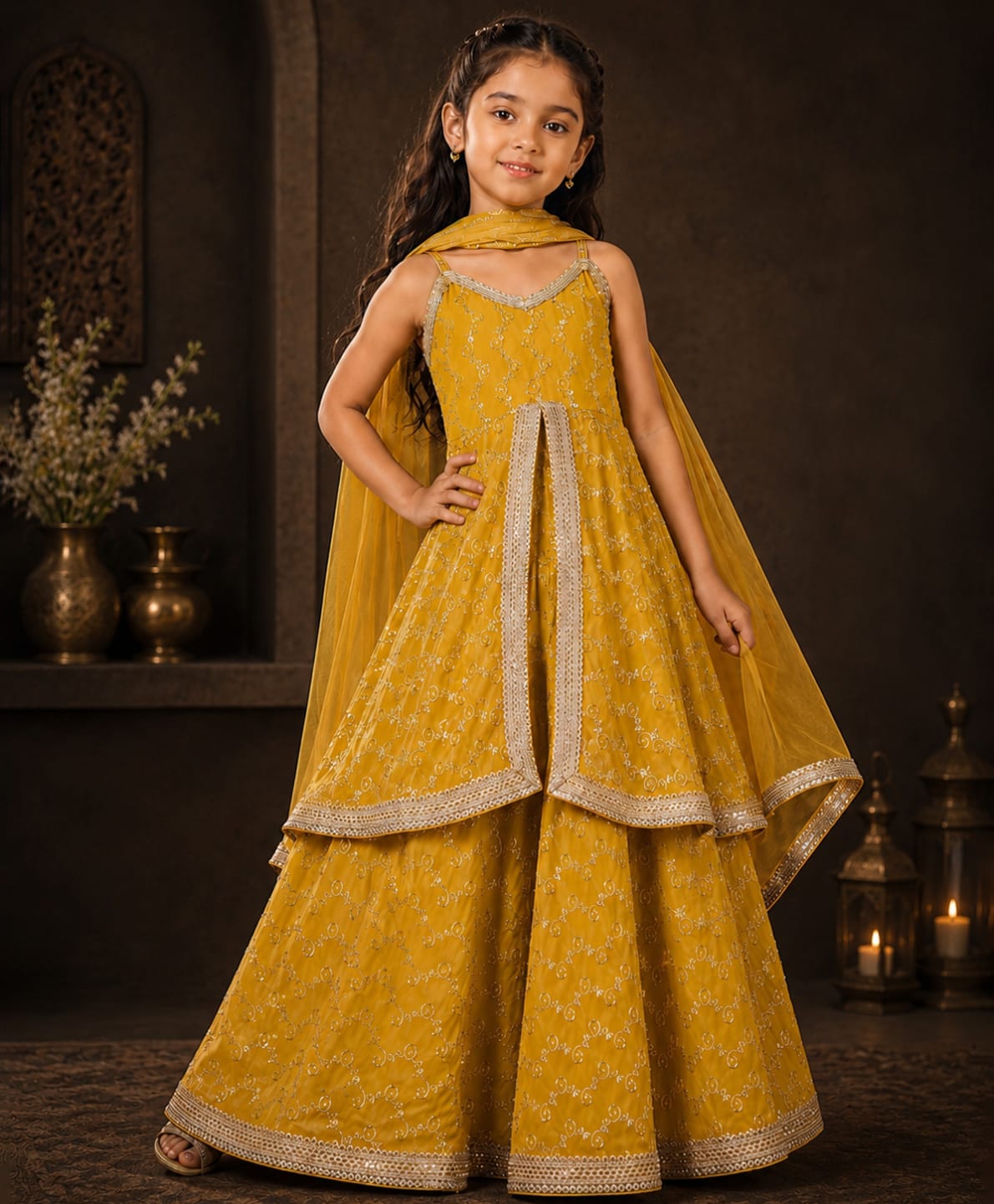 Superminis Georgette Woven Sleeveless Sequins & Gota Lace Embellished Lehenga Choli With Dupatta Set - Mustard-picture-38