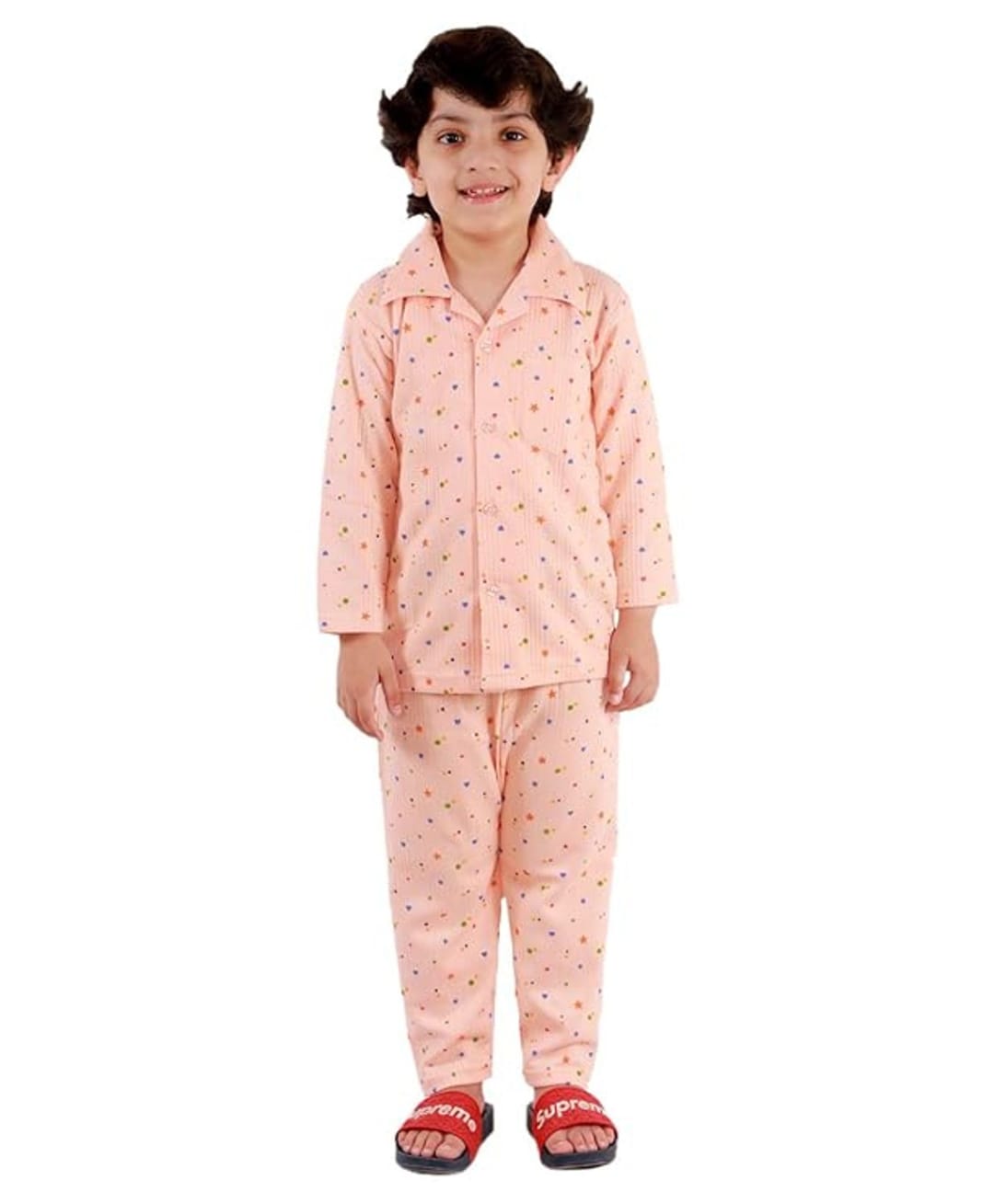 Superminis Cotton Knit Full Sleeves Hearts & Stars Printed Night Suit Set - Peach-picture-42