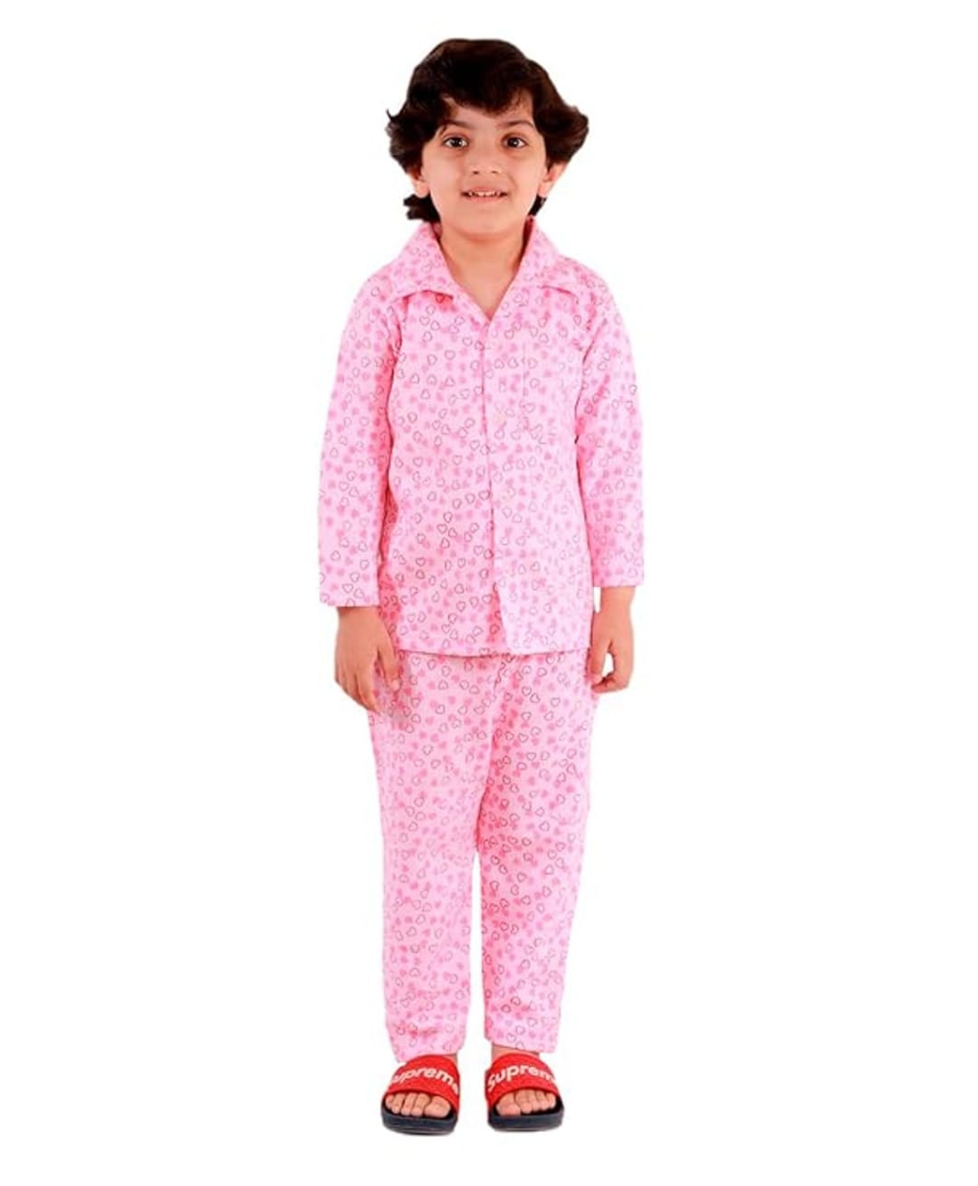 Superminis Cotton Knit Full Sleeves Hearts Printed Night Suit Set - Pink-picture-38