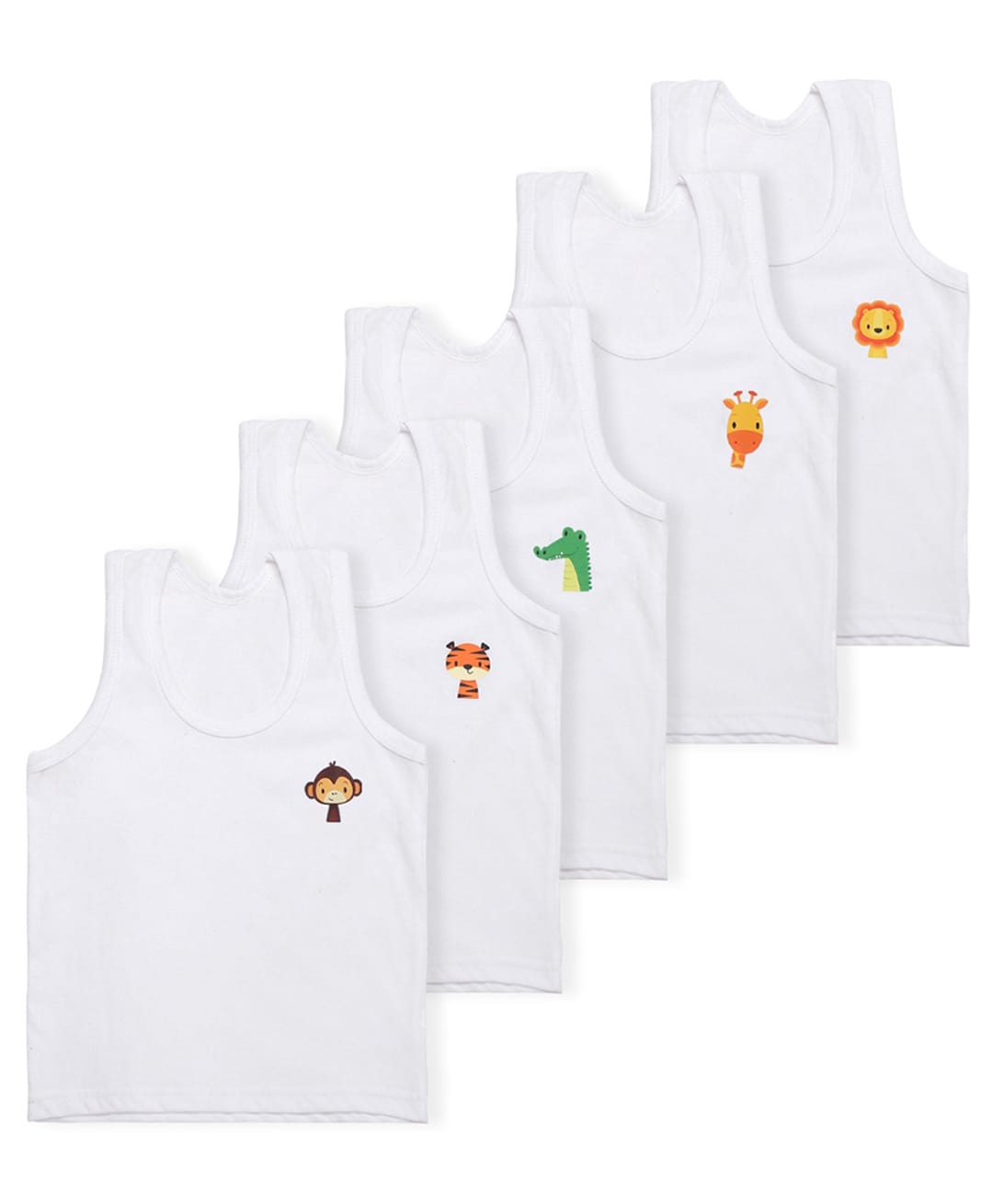 Superminis Cotton Knit Pack Of 5 Sleeveless Animals Printed Vests - White-image-2