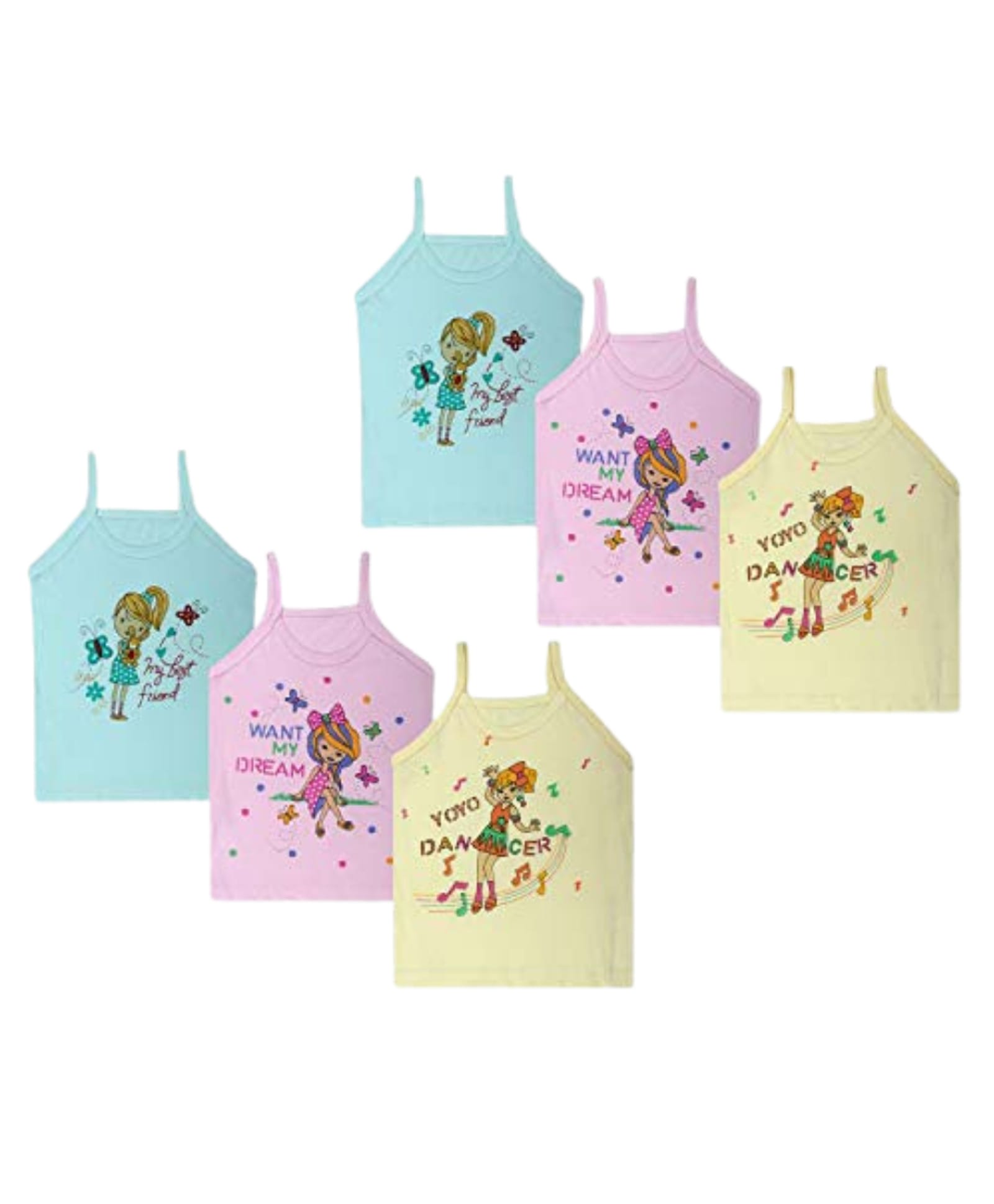 Superminis Cotton Knit Pack Of 6 Sleeveless Girl & Typography Printed Slips - Multi Colour-picture-23