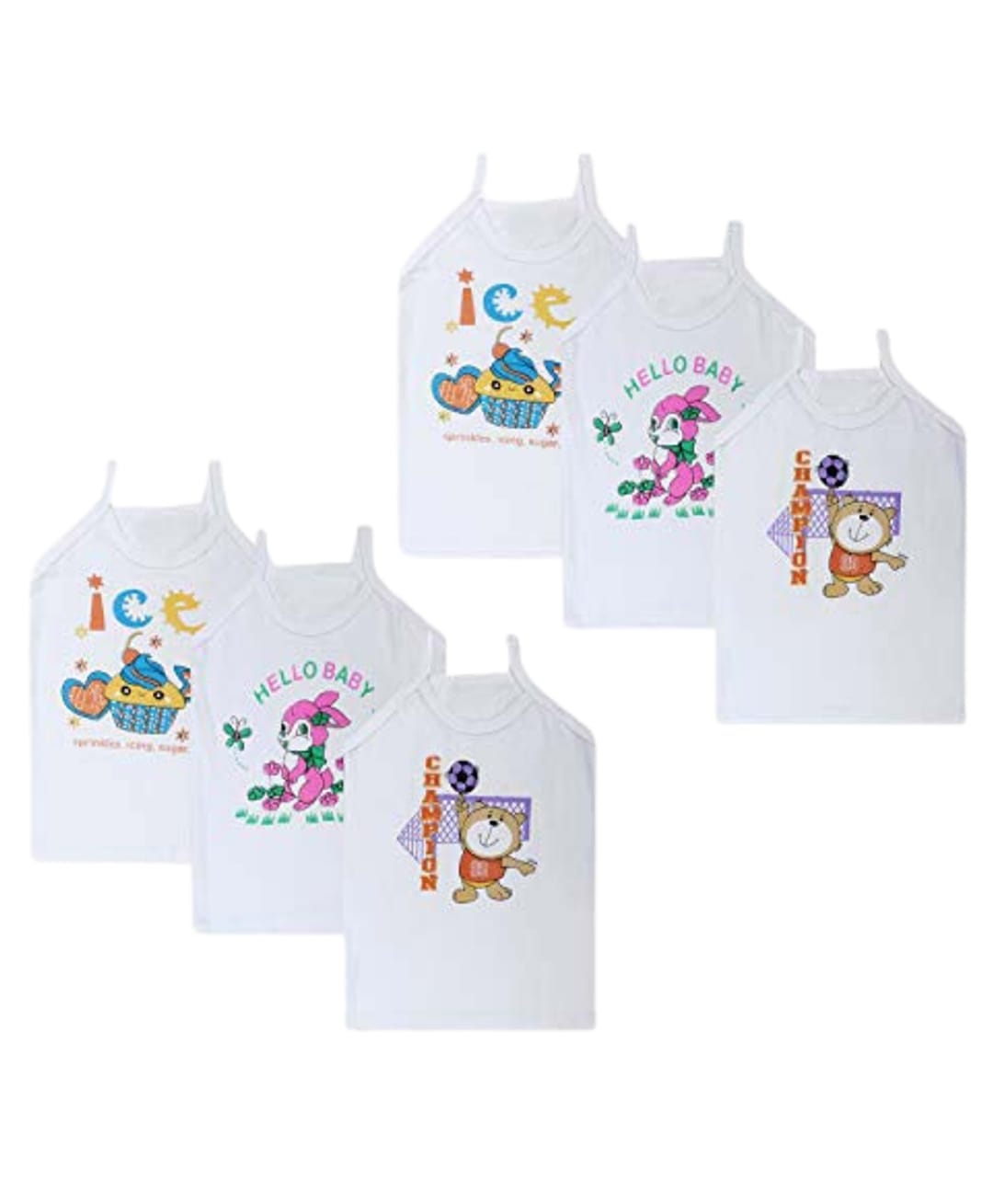 Superminis Cotton Knit Pack Of 6 Sleeveless Bunny & Teddy Bear Printed Camisoles - White-image-25