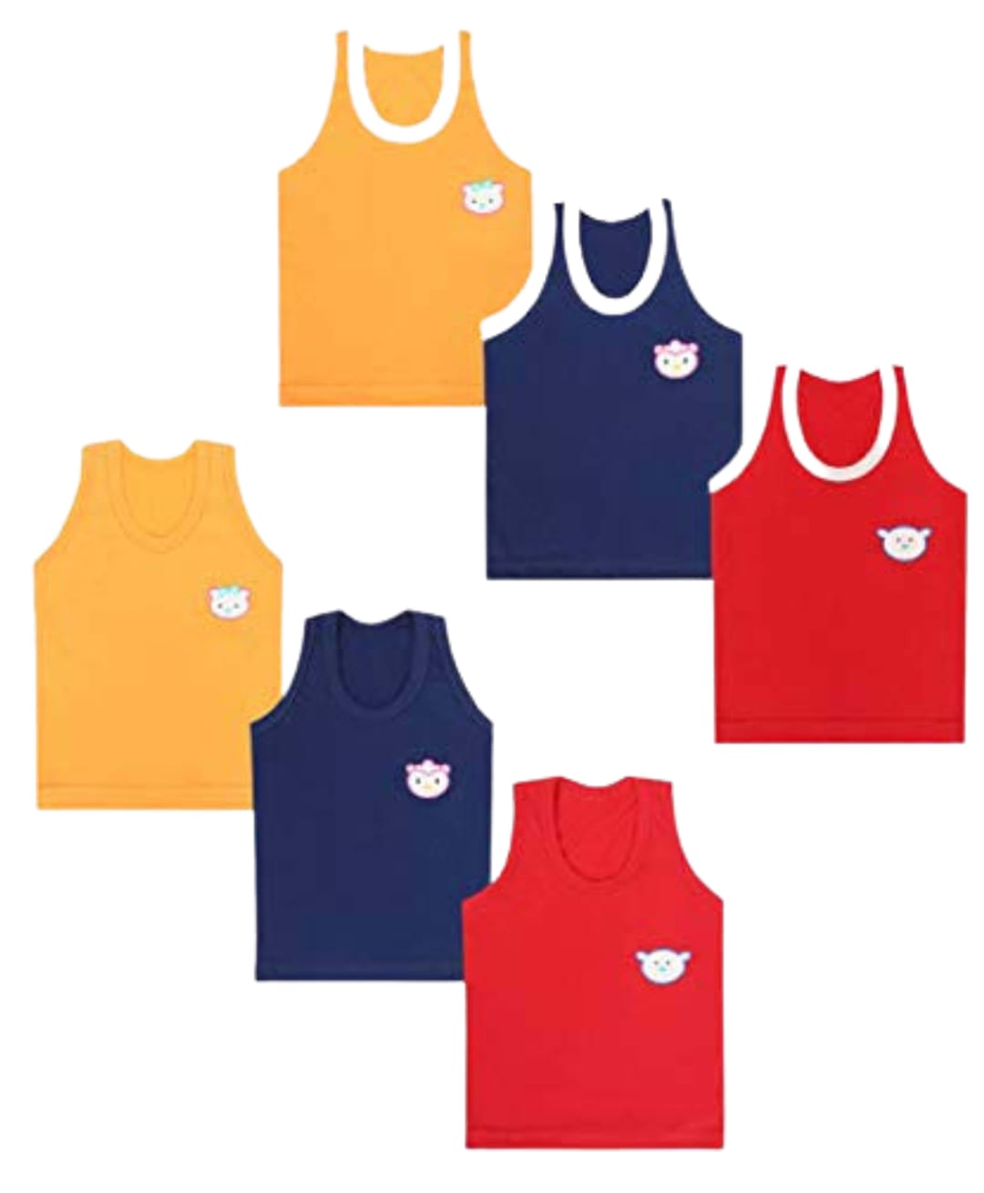 Superminis Cotton Knit Pack Of 6 Sleeveless Cartoon Patch Detailed Vests - Blue Red & Yellow-image-41
