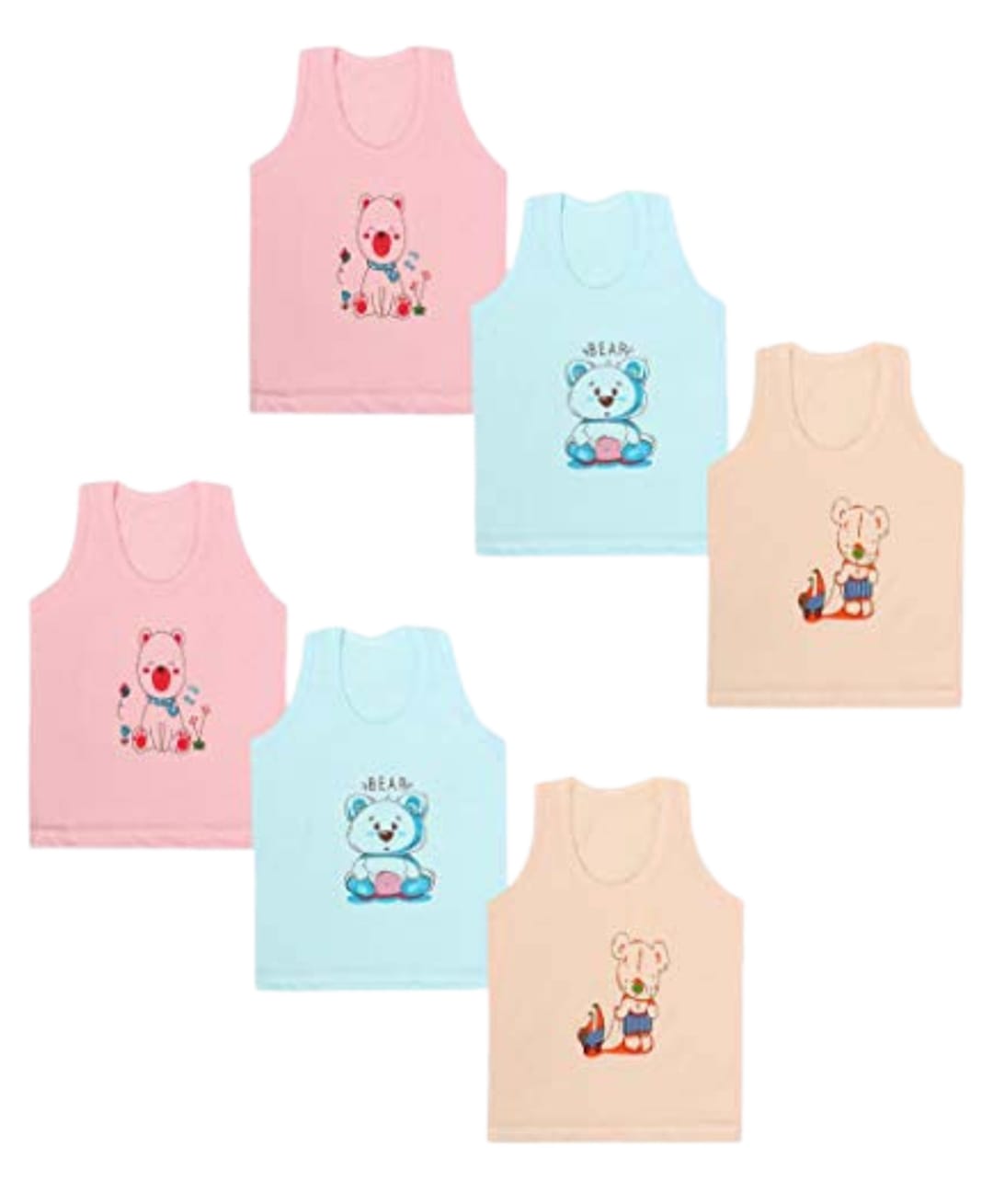 Superminis Cotton Knit Pack Of 6 Sleeveless Teddy Bear Printed Vests - Pink Peach & Sky Blue-picture-9