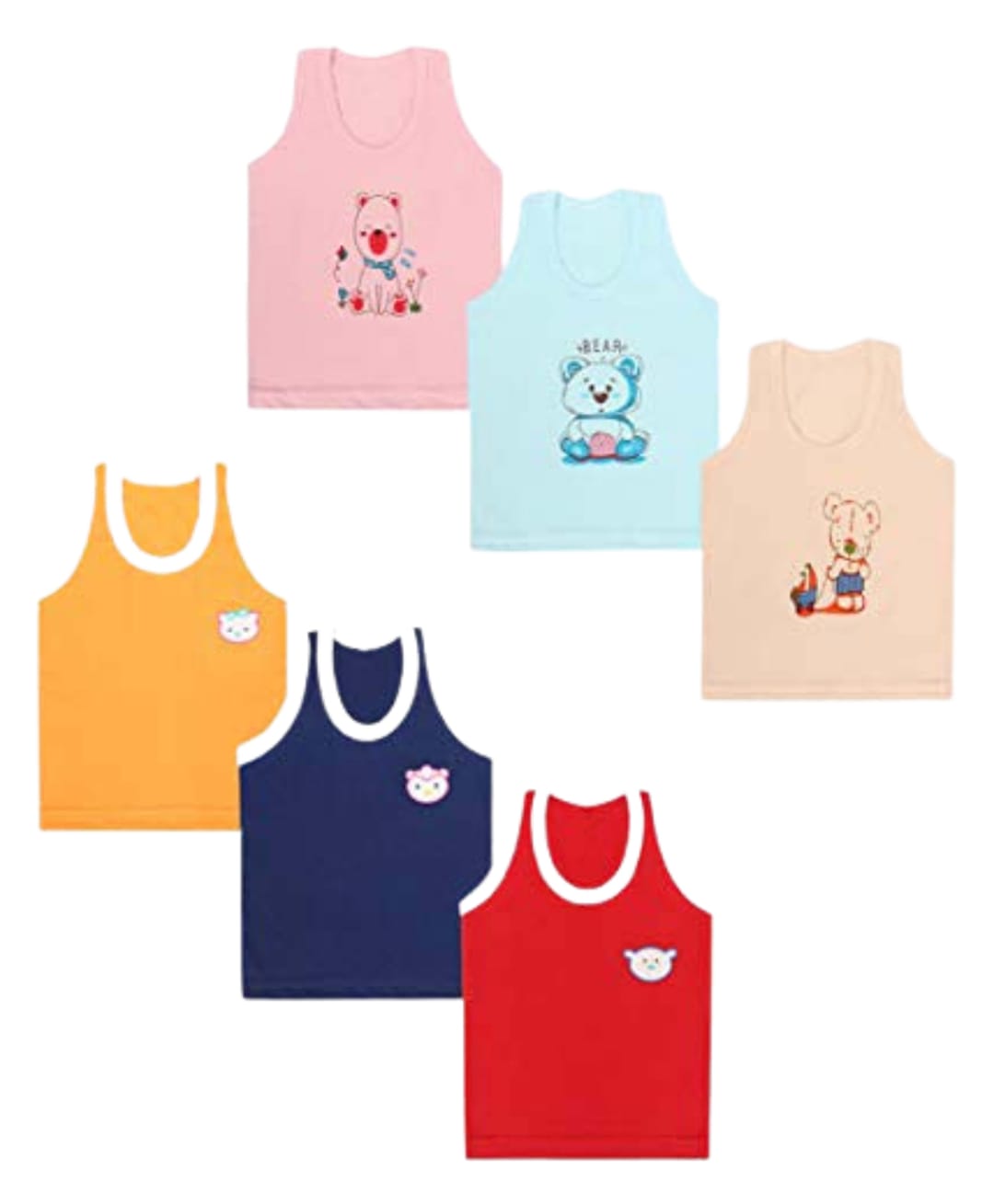 Superminis Cotton Knit Pack Of 6 Sleeveless Cartoon Patch Detailed & Teddy Bear Printed Vests - Sky Blue Lemon & Pink-picture-23