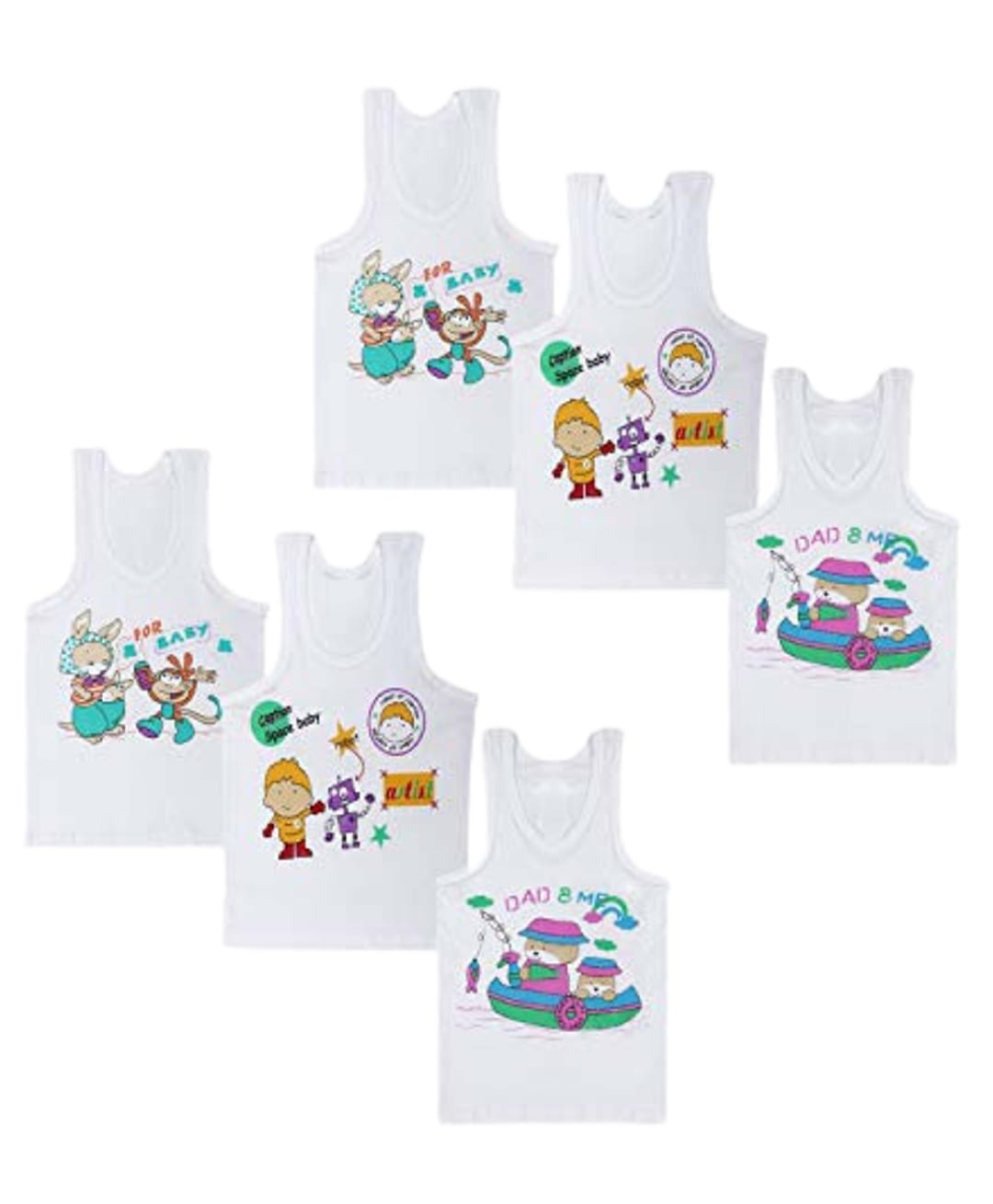 Superminis Cotton Knit Pack Of 6 Sleeveless Animals & Typography Printed Vests - White-image-33