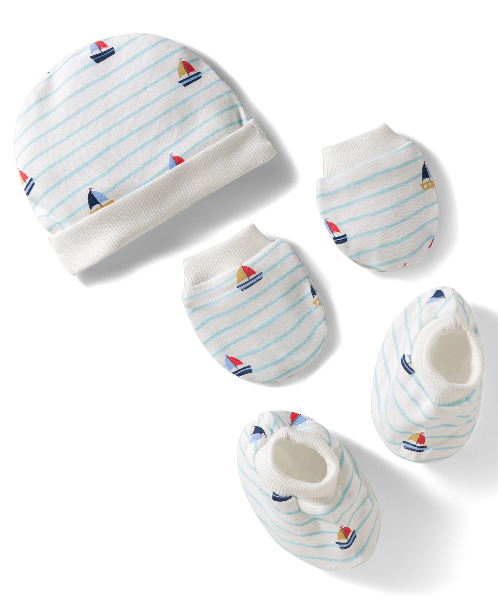 Bonfino 100% Cotton Ship Printed & Striped Cap Mittens & Booties White - Diameter 11 cm-image-43
