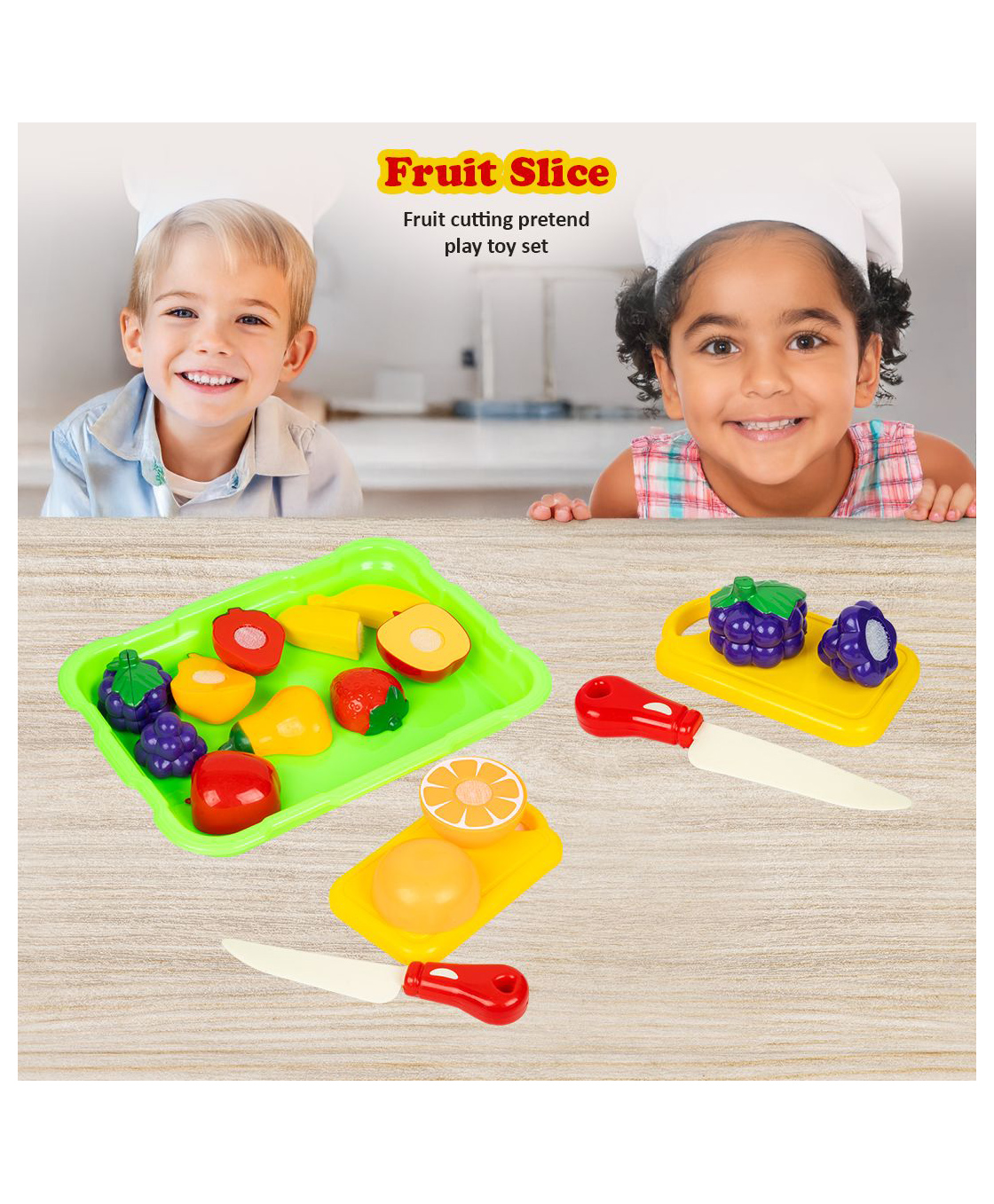 Ratnas Paw Petrol Theme Play Foods with Child Safe Knife 1 Tray 1 Chopping Board & 6 Fruits - Multicolor