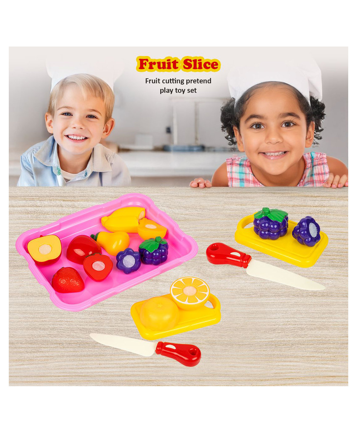 Ratnas Dora The Explorer Theme Play Foods with Child Safe Knife 1 Tray 1 Chopping Board & 6 Fruits - Multicolor