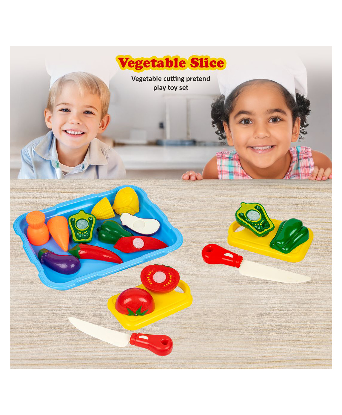 Ratnas Paw Petrol Play Foods Theme Vegetables Slice with Child Safe Knife 1 Tray 1 Chopping Board & 6 Vegetables - Multicolor