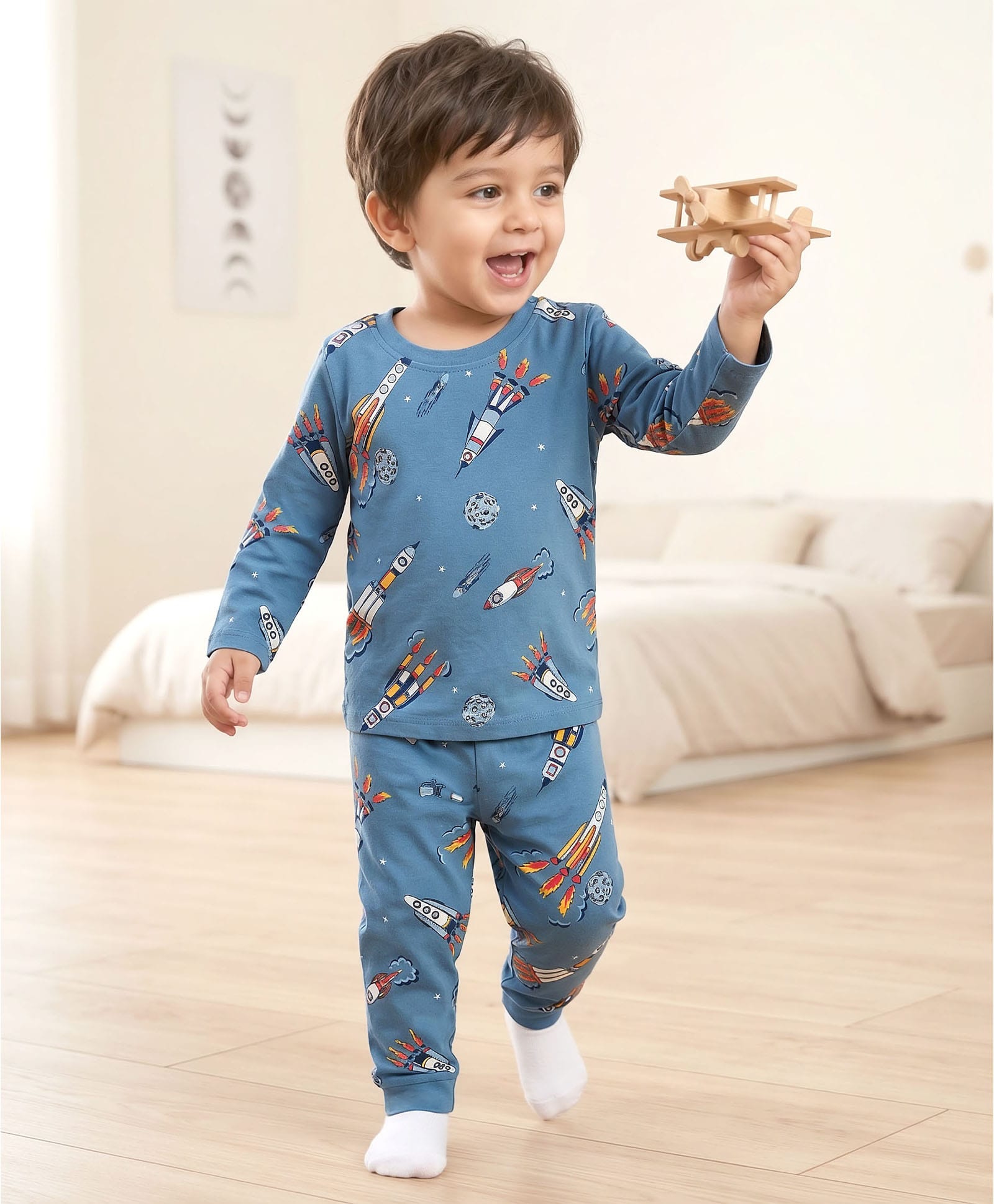 Babyhug Cotton Knit Full Sleeves Co-ord Night Suit With Rocket Print - Blue-image-13