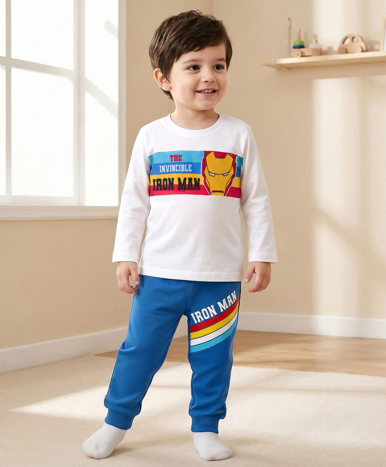 Babyhug Marvel Single Jersey Knit Full Sleeves Night Suit With Avengers Print - White & Blue-image-37