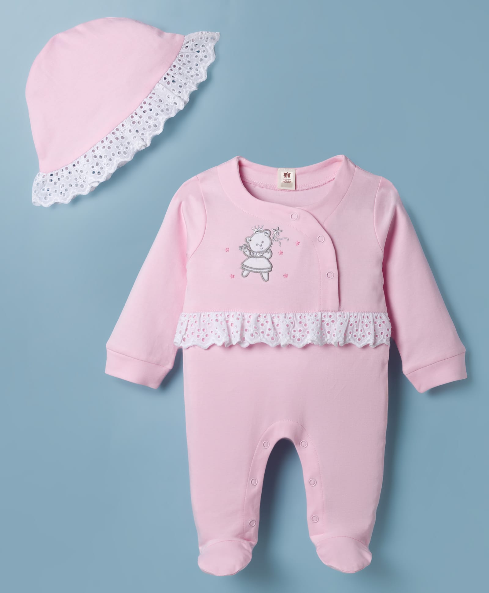 ToffyHouse Knitted Full Sleeves Footed Sleep Suit with Cap & Bear Embroidery - Pink-image-24