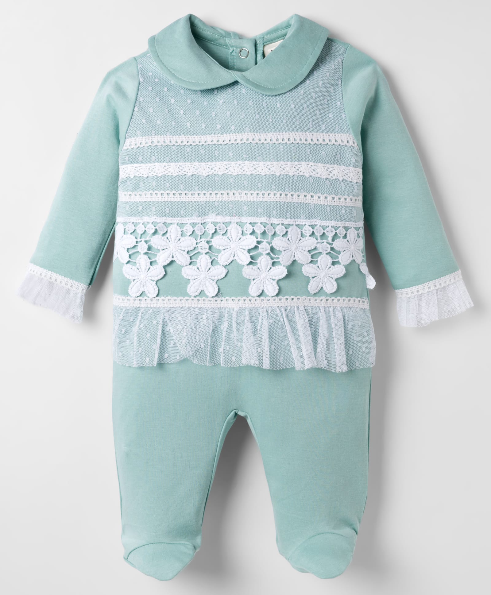 ToffyHouse Knitted Full Sleeves Footed Sleep Suit with Lace Detailing - Turquoise-picture-18