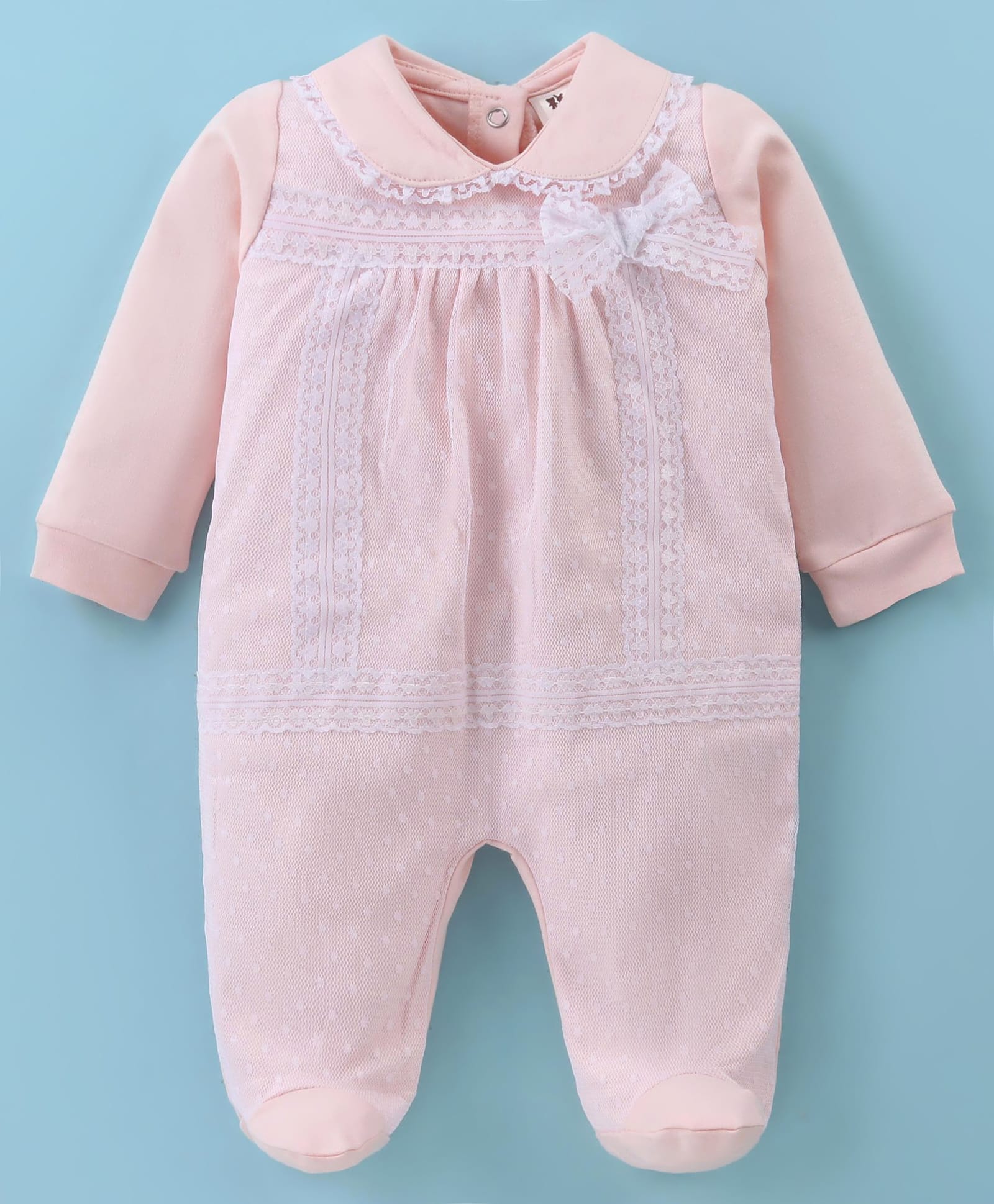 ToffyHouse Knit Full Sleeves Footed Sleep Suit With Lace Detailing & Bow Applique - Peach-picture-23
