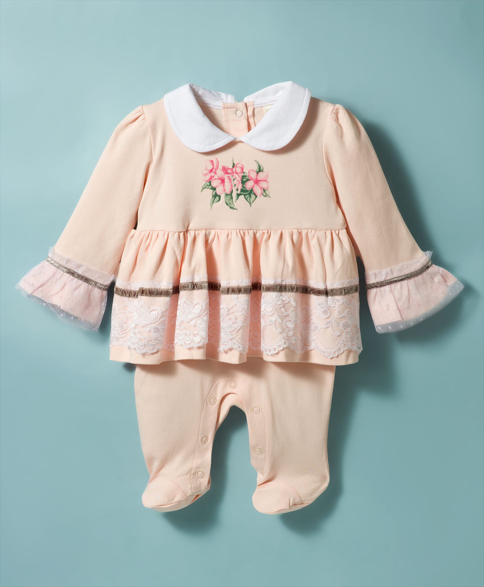 ToffyHouse Knitted Full Sleeves Footed Sleep Suit with Floral Print & Lace Detailing - Peach-picture-20