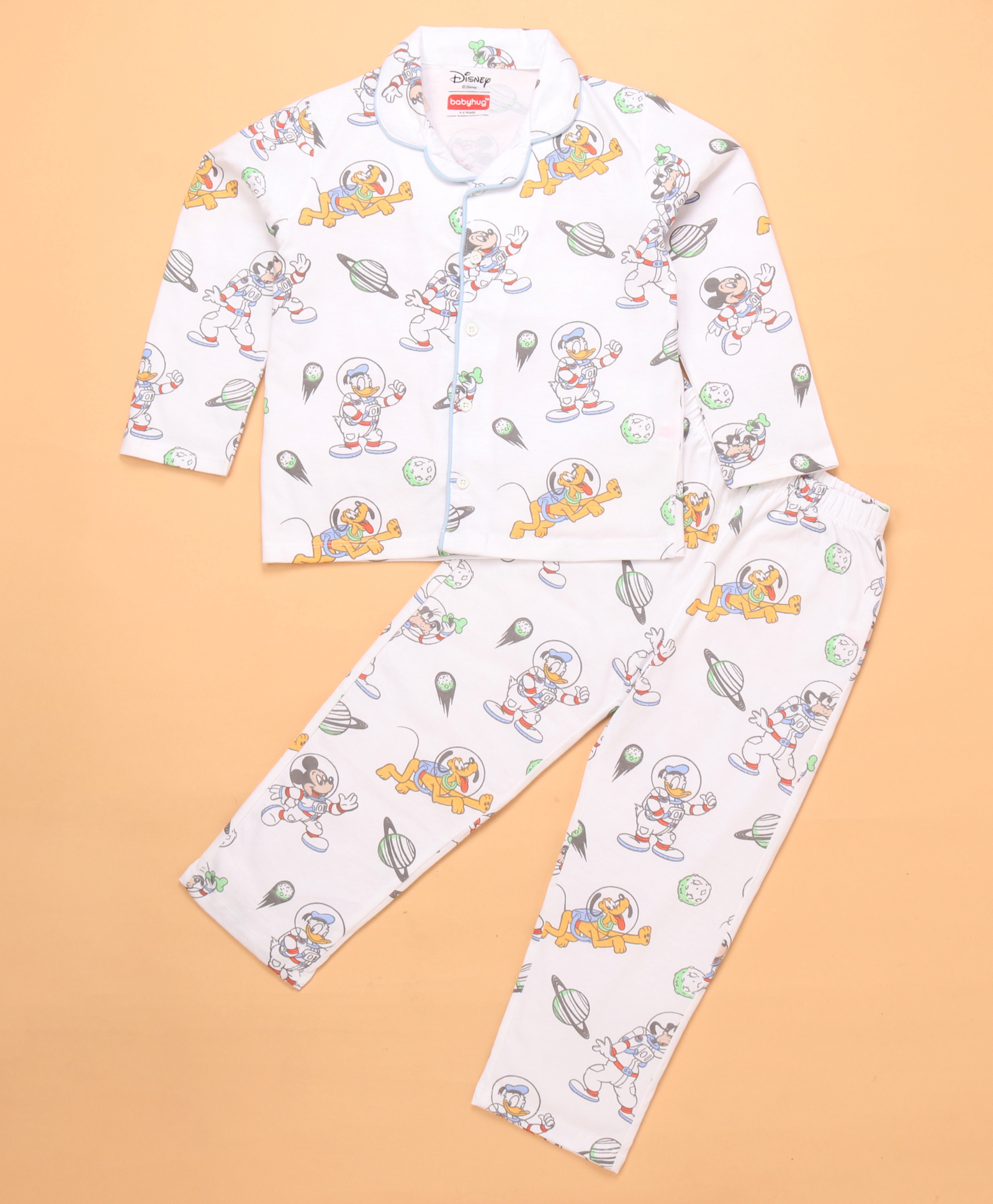 Babyhug Disney Single Jersey Knit Full Sleeves Co-ord Night Suit With Mickey Mouse Print - White-image-17