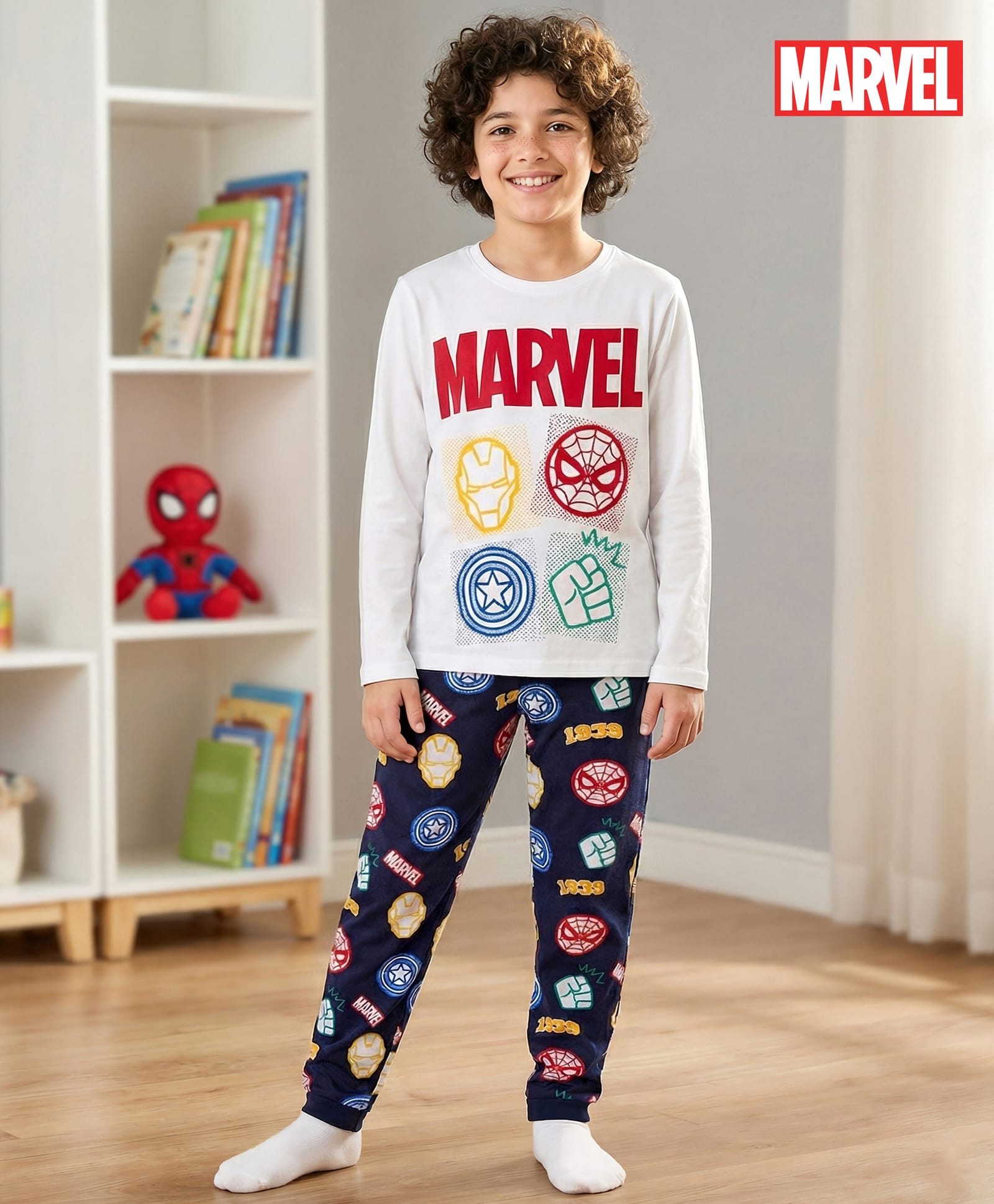 Honeyhap Marvel Single Jersey Knit Full Sleeves Night Suit With Marvel Print - White