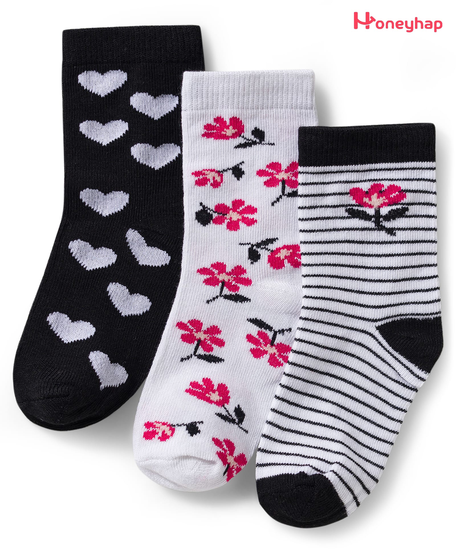 Honeyhap Premium Cotton Bamboo Spandex Ankle Length Socks With Bio Finish & Floral Design Pack Of 3 - Pink White & Black-picture-17