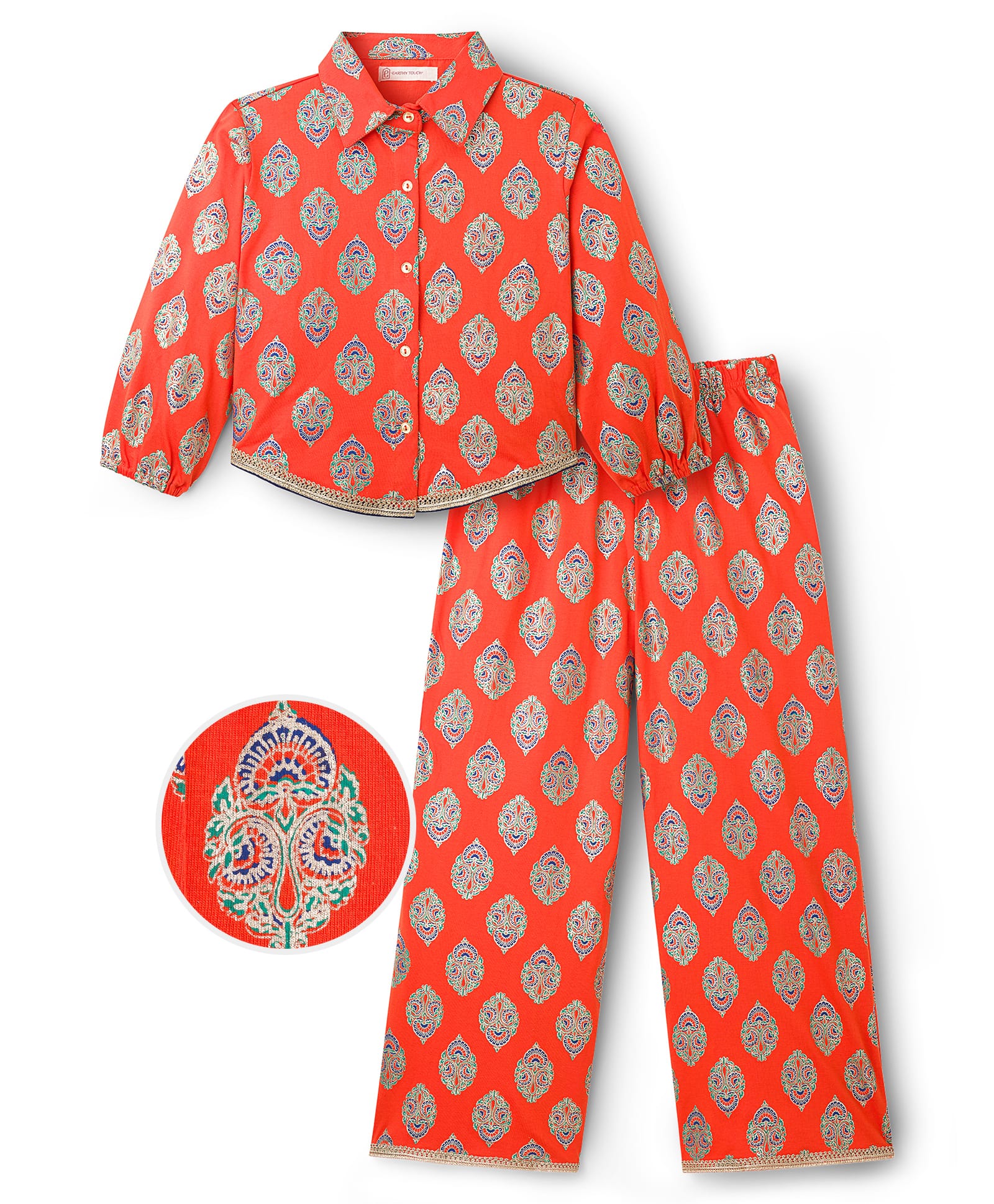EARTHY TOUCH Single Jersey Knit Full Sleeves Co-ords Indo Western Set with Floral Print - Orange-image-47