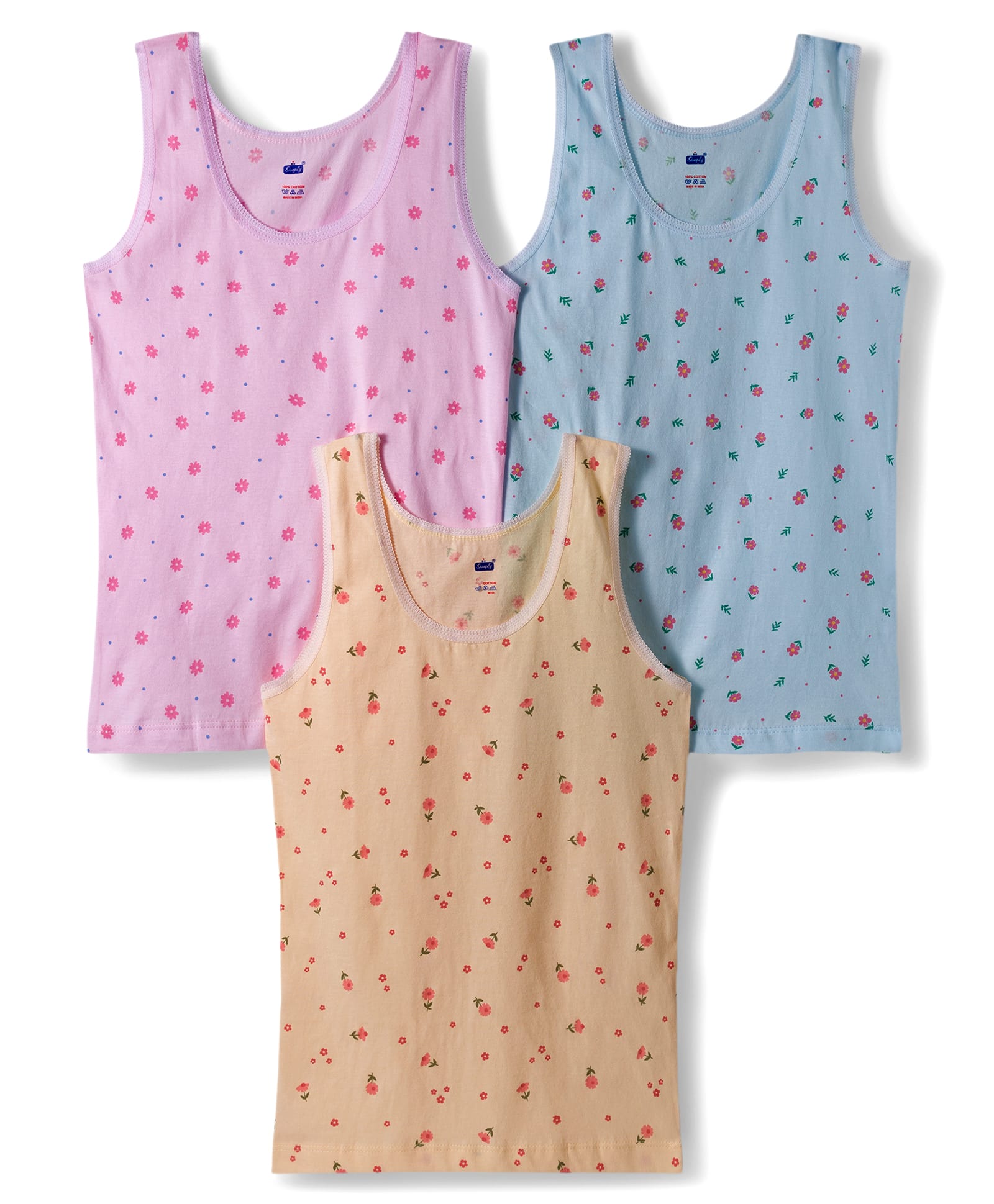Simply Sinker Knit Sleeveless Slips With Floral Print Pack Of 3 - Pink Teal Blue & Orange-image-25